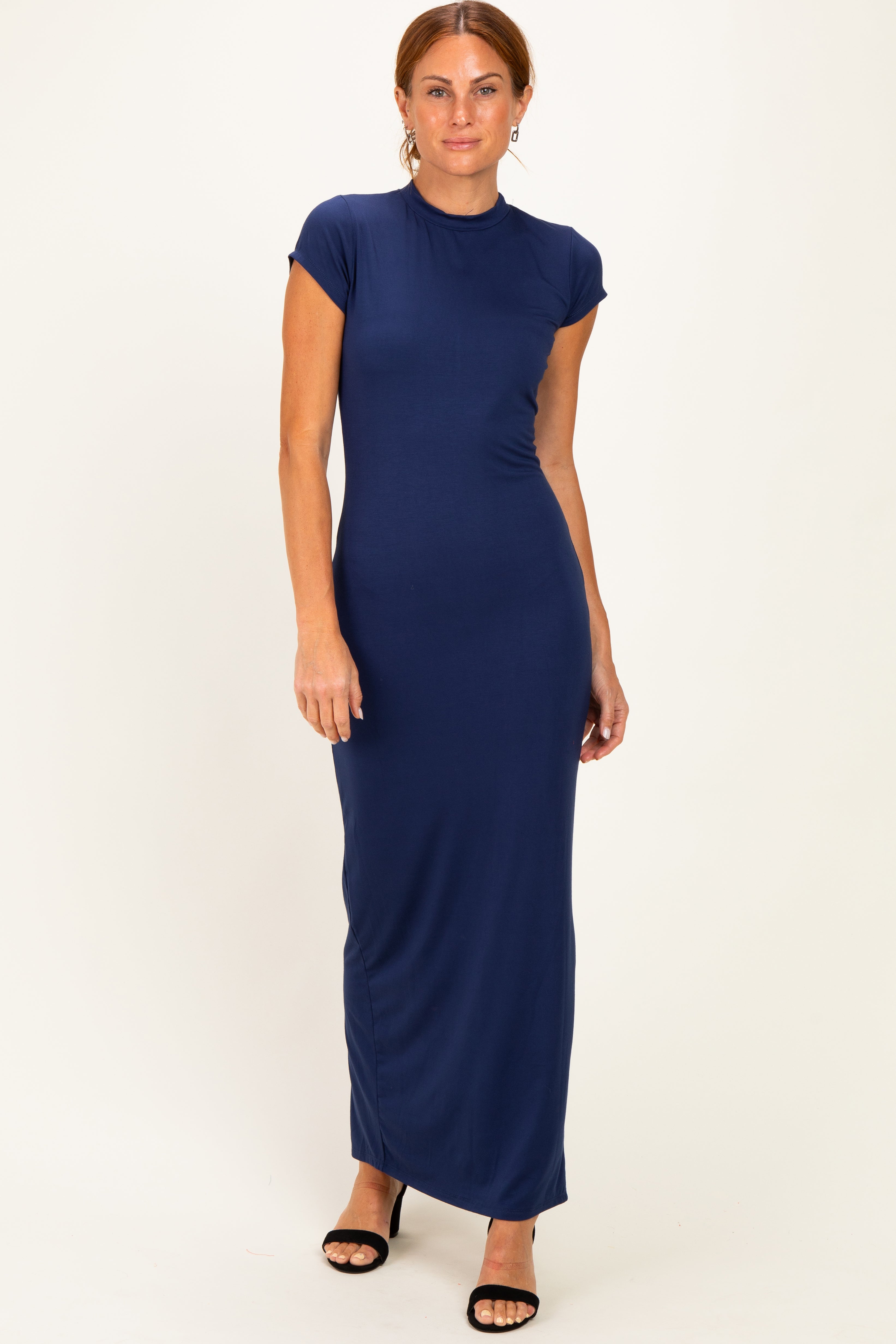 Navy Fitted Short Sleeve Maternity Maxi Dress