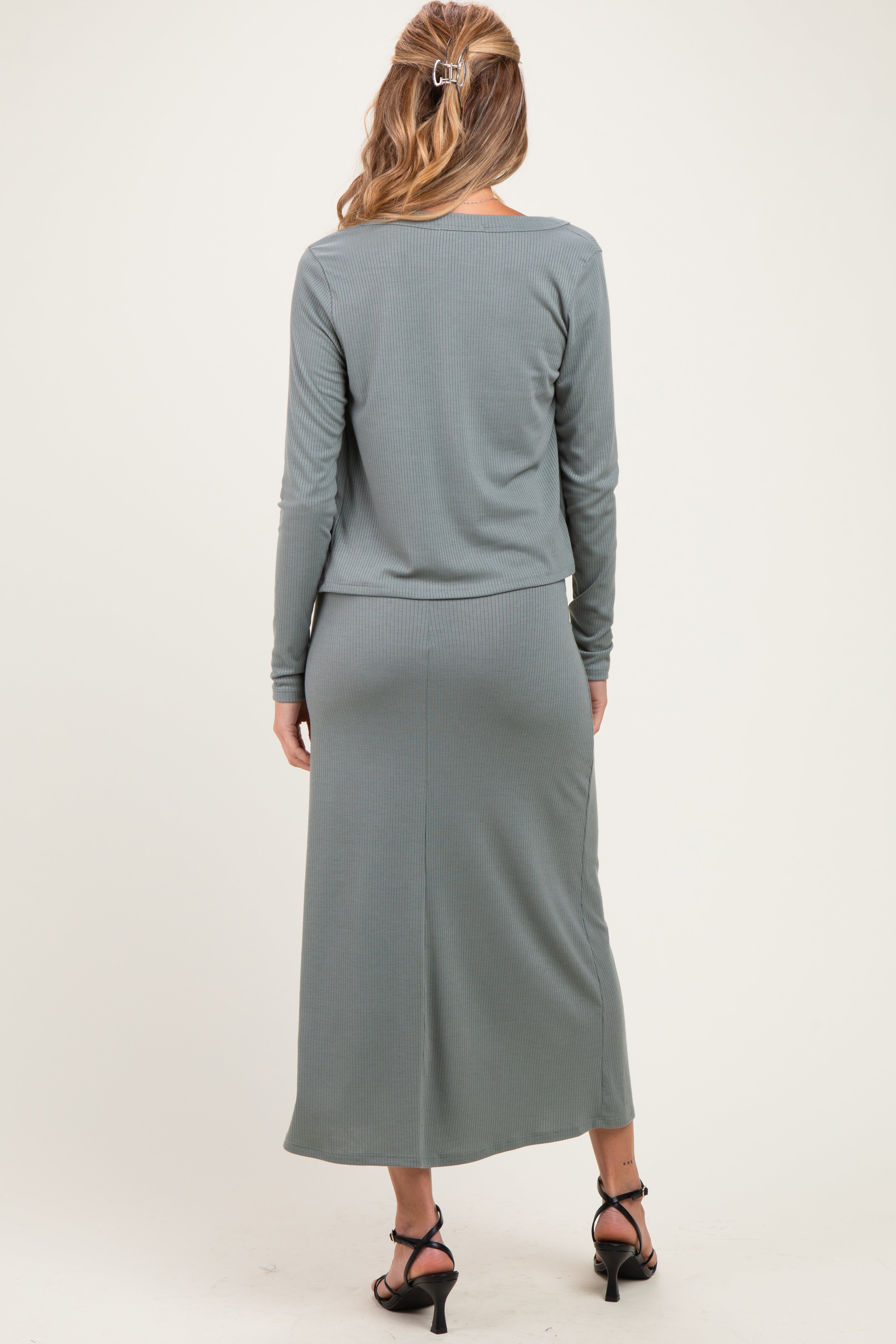 Olive Knit Dress Maternity Cardigan Set