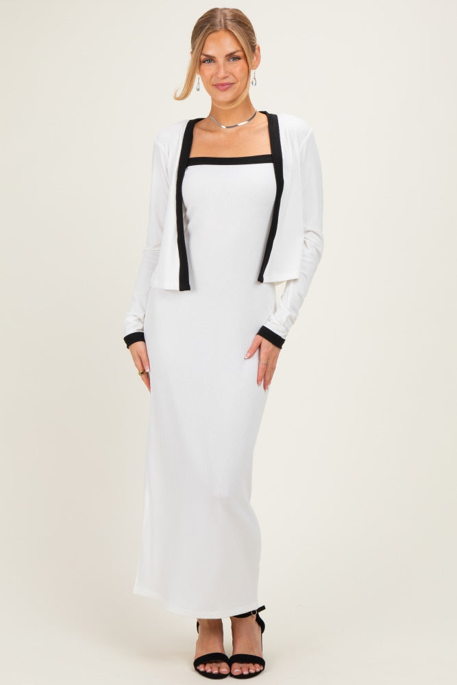 White/ Black Color Block Sleeveless Fitted Dress Maternity Cardigan Set
