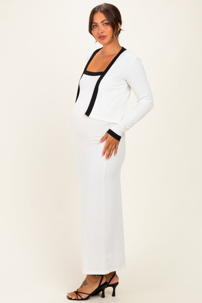 White/ Black Color Block Sleeveless Fitted Dress Maternity Cardigan Set