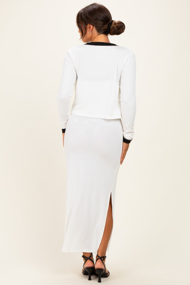 White/ Black Color Block Sleeveless Fitted Dress Maternity Cardigan Set