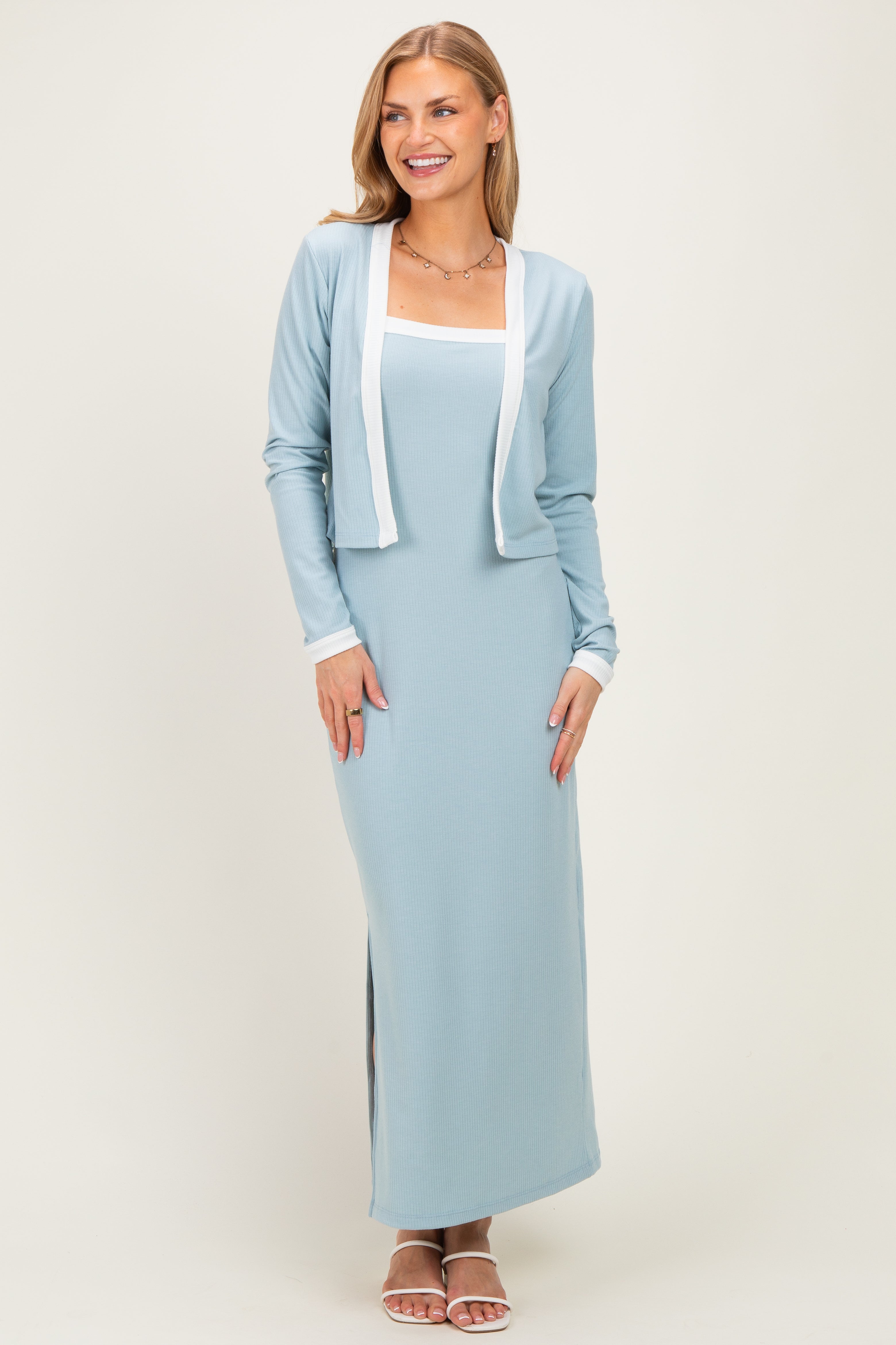Light Blue/ White Color Block Sleeveless Fitted Dress Maternity Cardigan Set