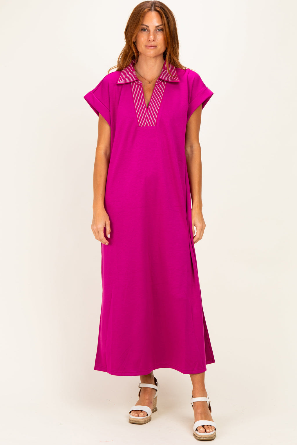 Magenta Striped Collared Side Slit Maternity Midi Dress