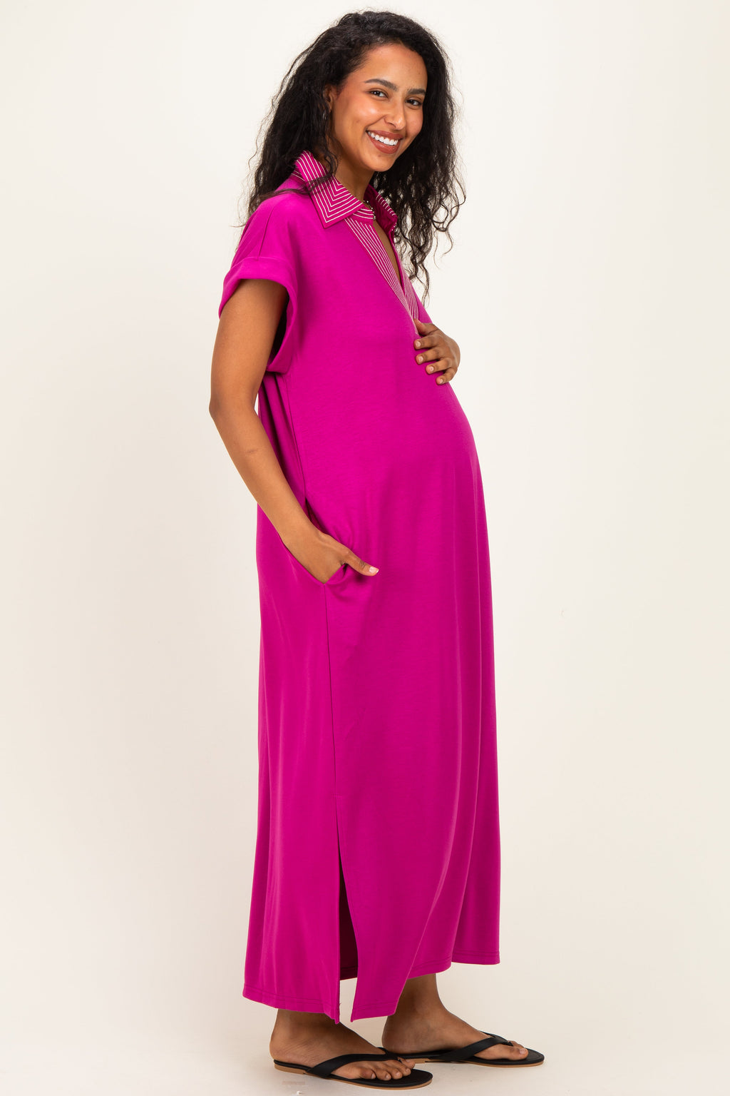 Magenta Striped Collared Side Slit Maternity Midi Dress