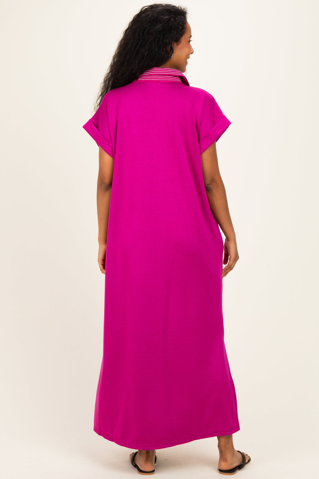 Magenta Striped Collared Side Slit Maternity Midi Dress