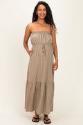 Taupe Strapless Cinched Waist Tie Maternity Maxi Dress