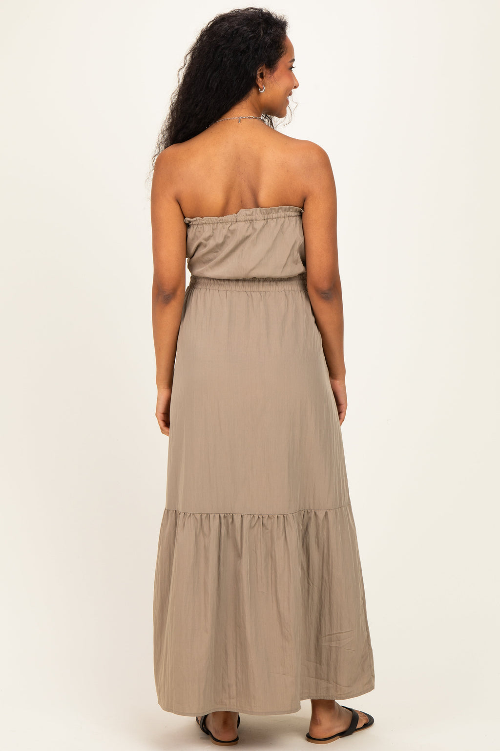 Taupe Strapless Cinched Waist Tie Maternity Maxi Dress
