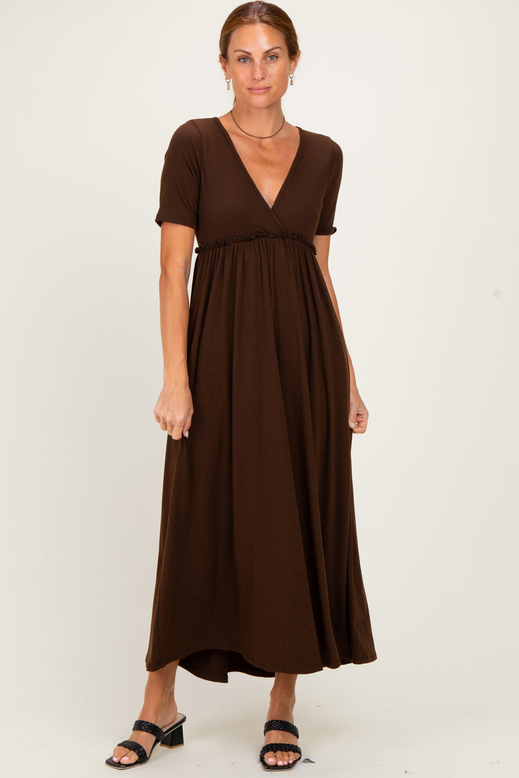 Brown Short Sleeve V-Neck Maternity Maxi Dress
