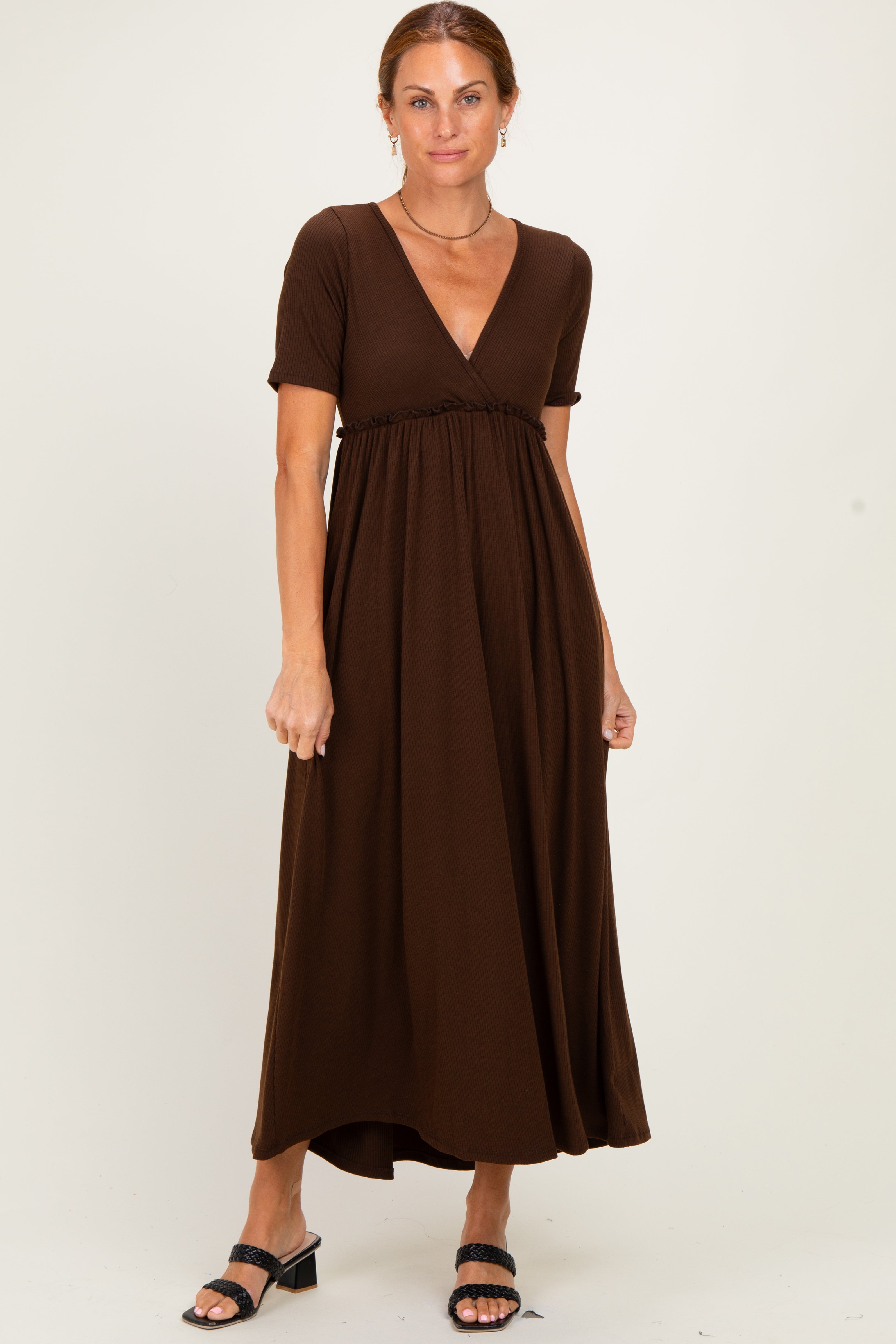 Brown Short Sleeve V-Neck Maternity Maxi Dress