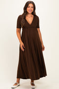 Brown Short Sleeve V-Neck Maternity Maxi Dress