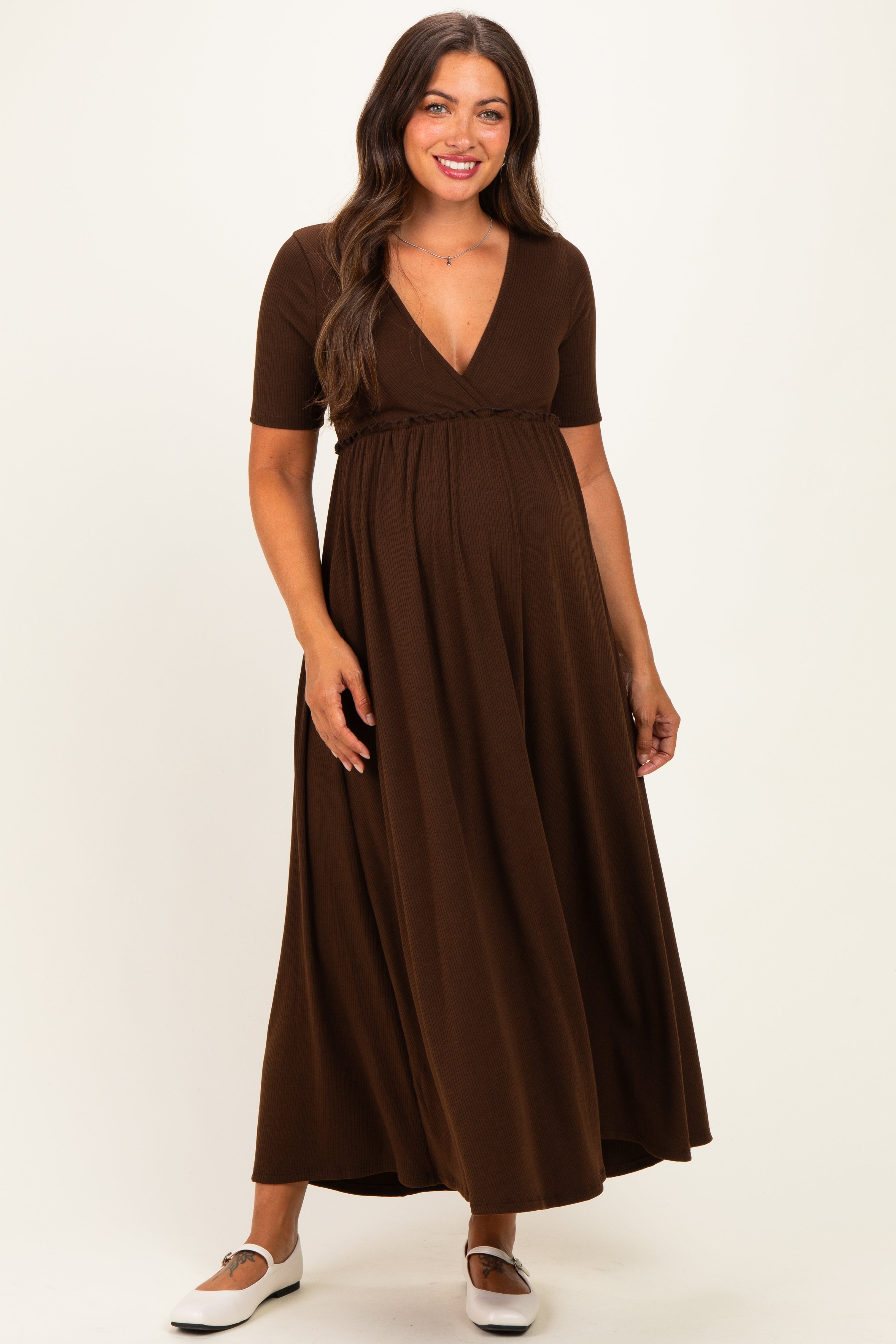 Brown Short Sleeve V-Neck Maternity Maxi Dress