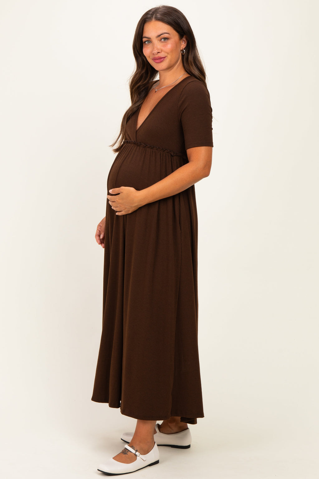Brown Short Sleeve V-Neck Maternity Maxi Dress