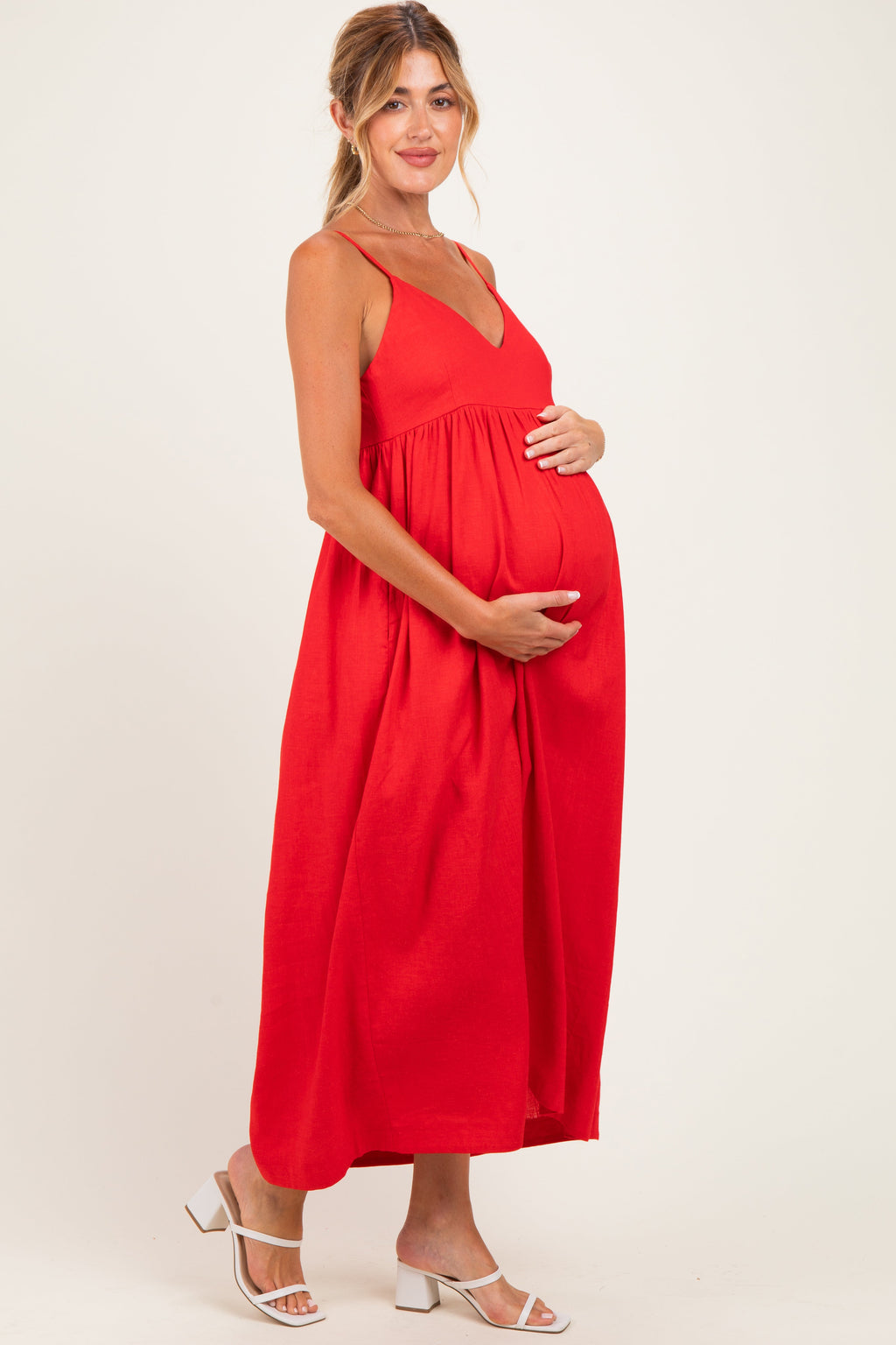 Red Linen Blend Sleeveless Maternity Maxi Dress