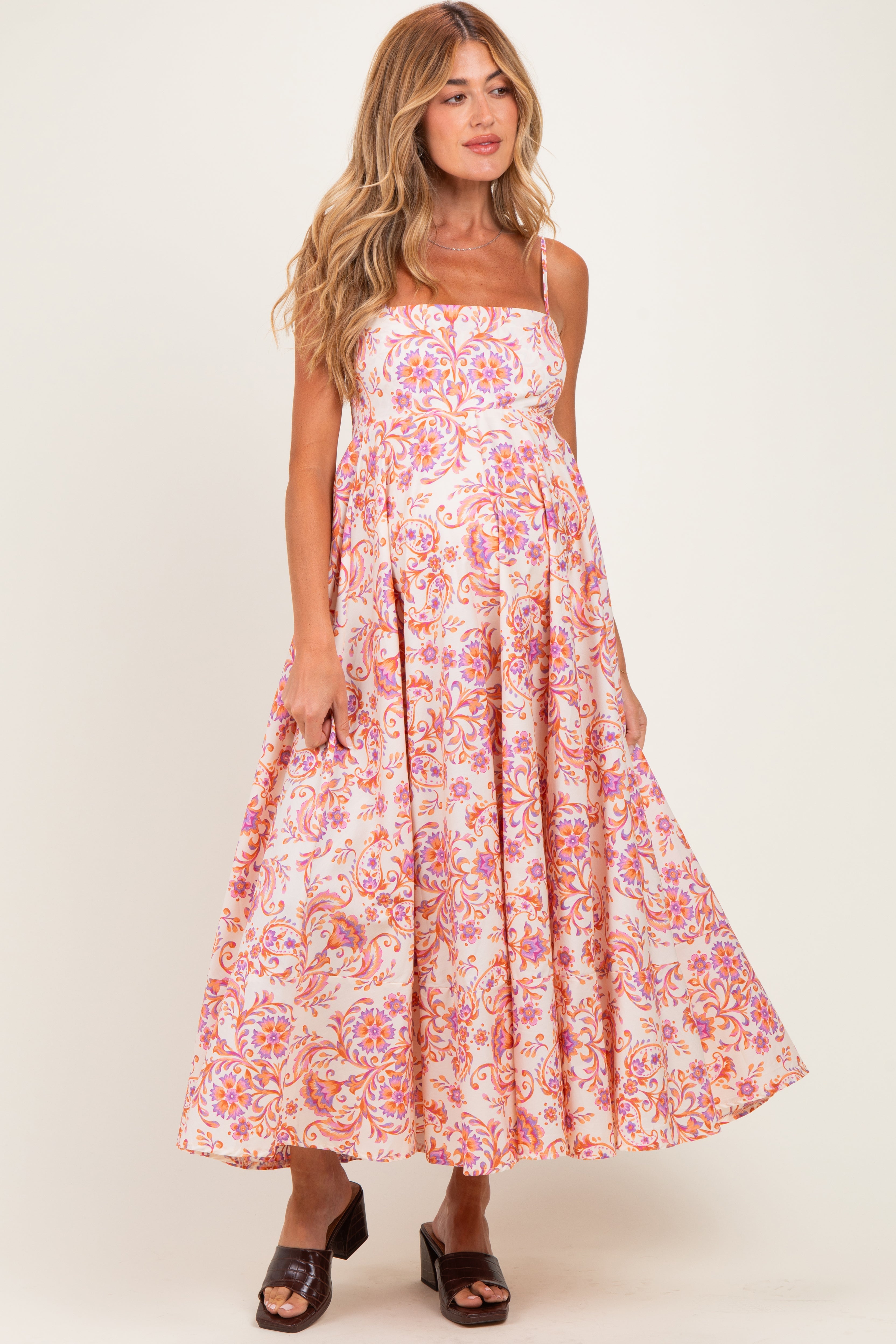Cream Apricot Floral Sleeveless Maternity Maxi Dress