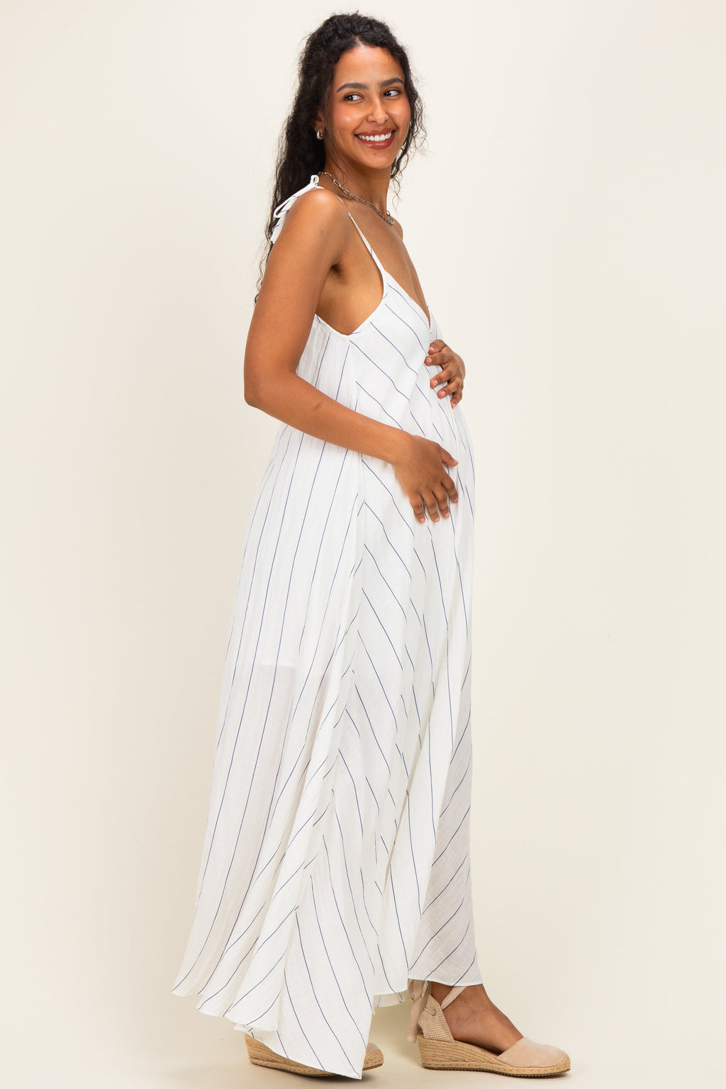 White Blue Striped Shoulder Tie Maternity Maxi Dress