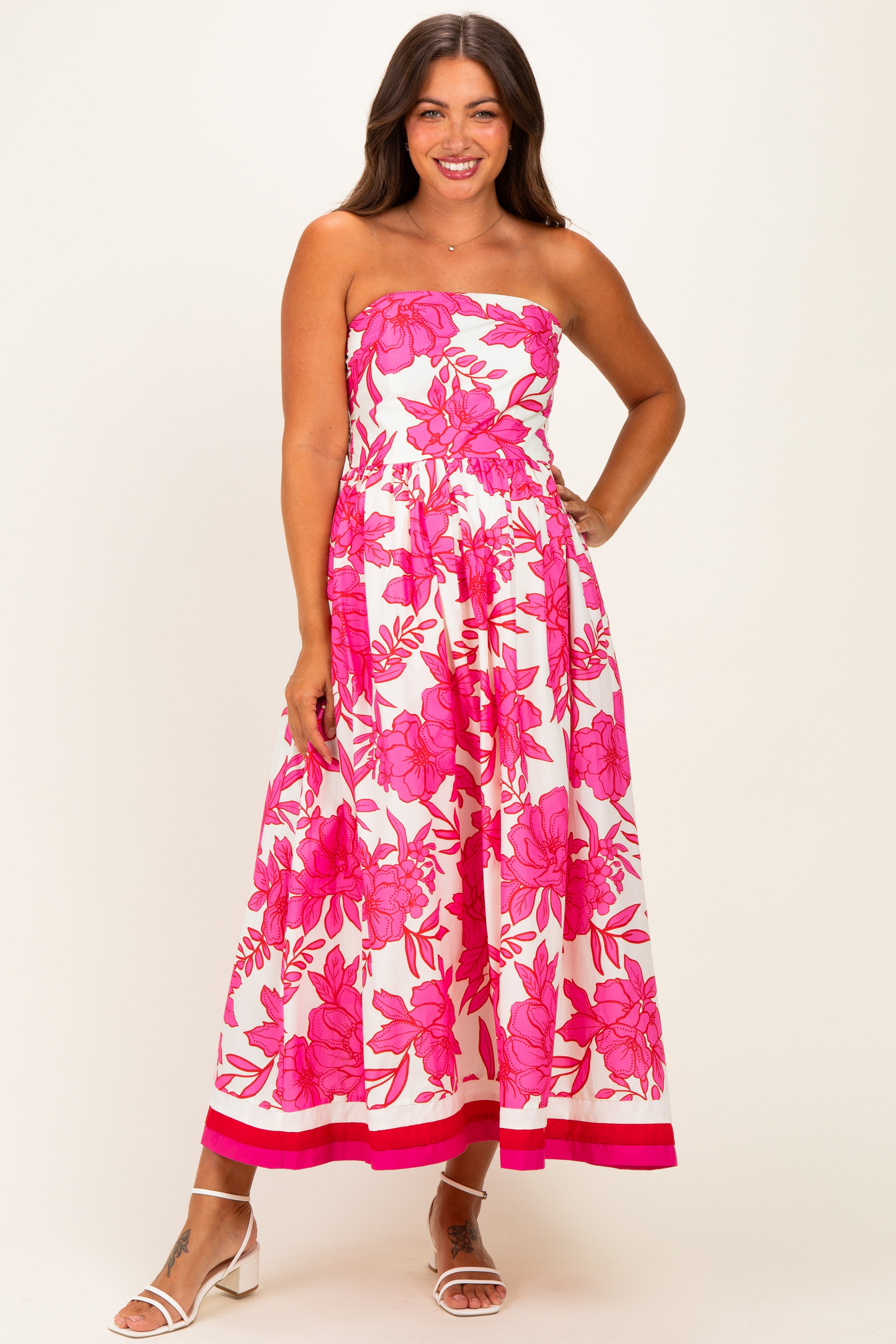 Pink Floral Strapless Maternity Midi Dress