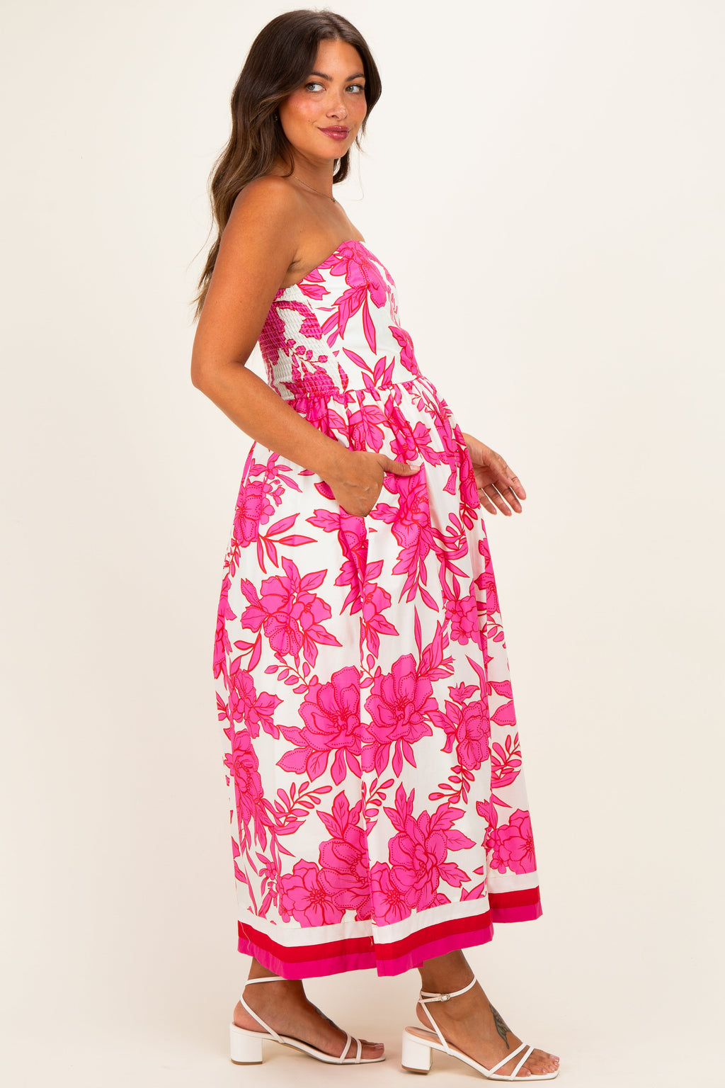 Pink Floral Strapless Maternity Midi Dress