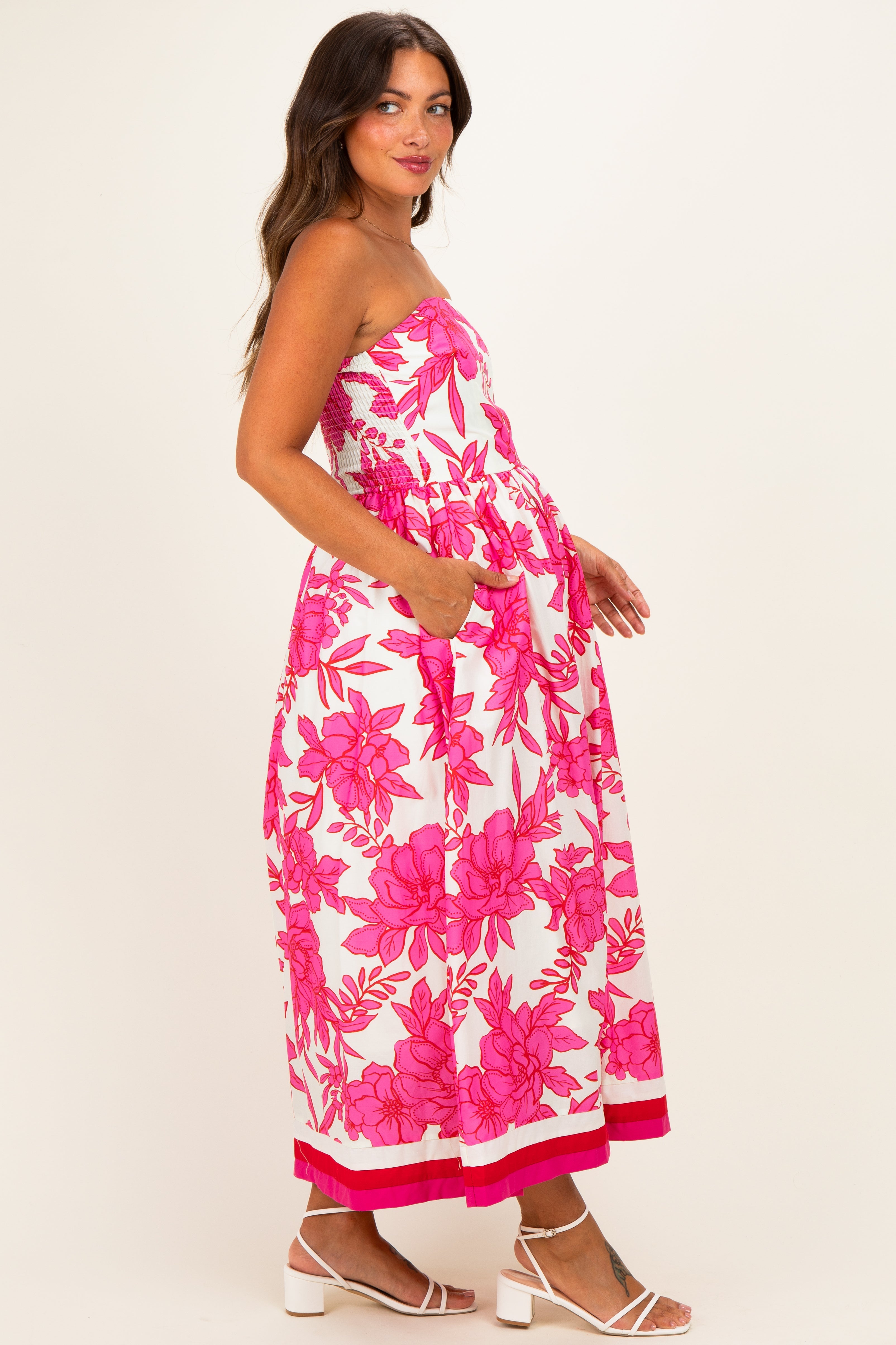 Pink Floral Strapless Maternity Midi Dress