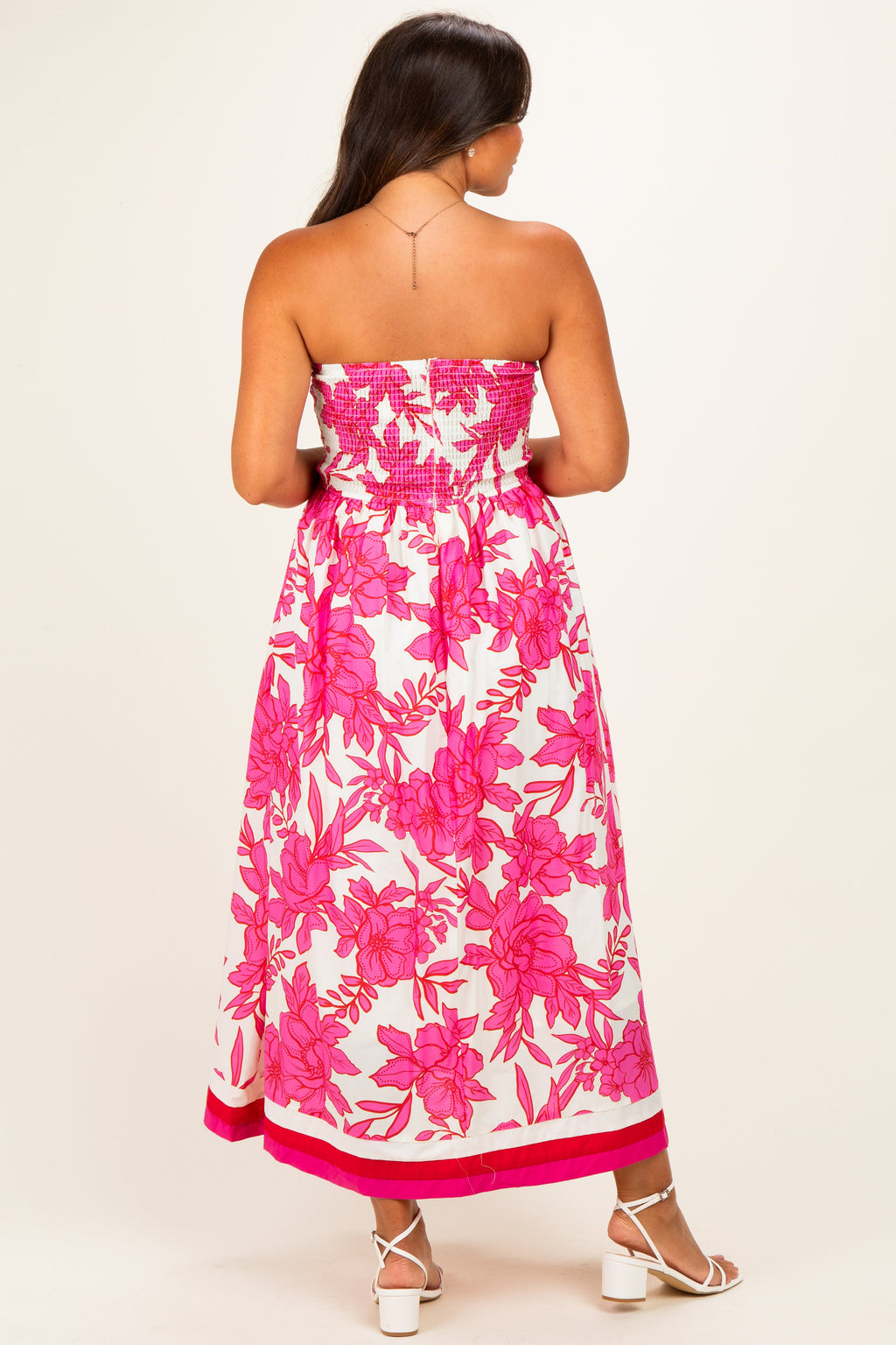 Pink Floral Strapless Maternity Midi Dress