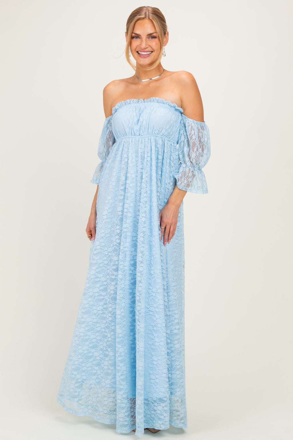 Light Blue Lace Off Shoulder Maternity Maxi Dress