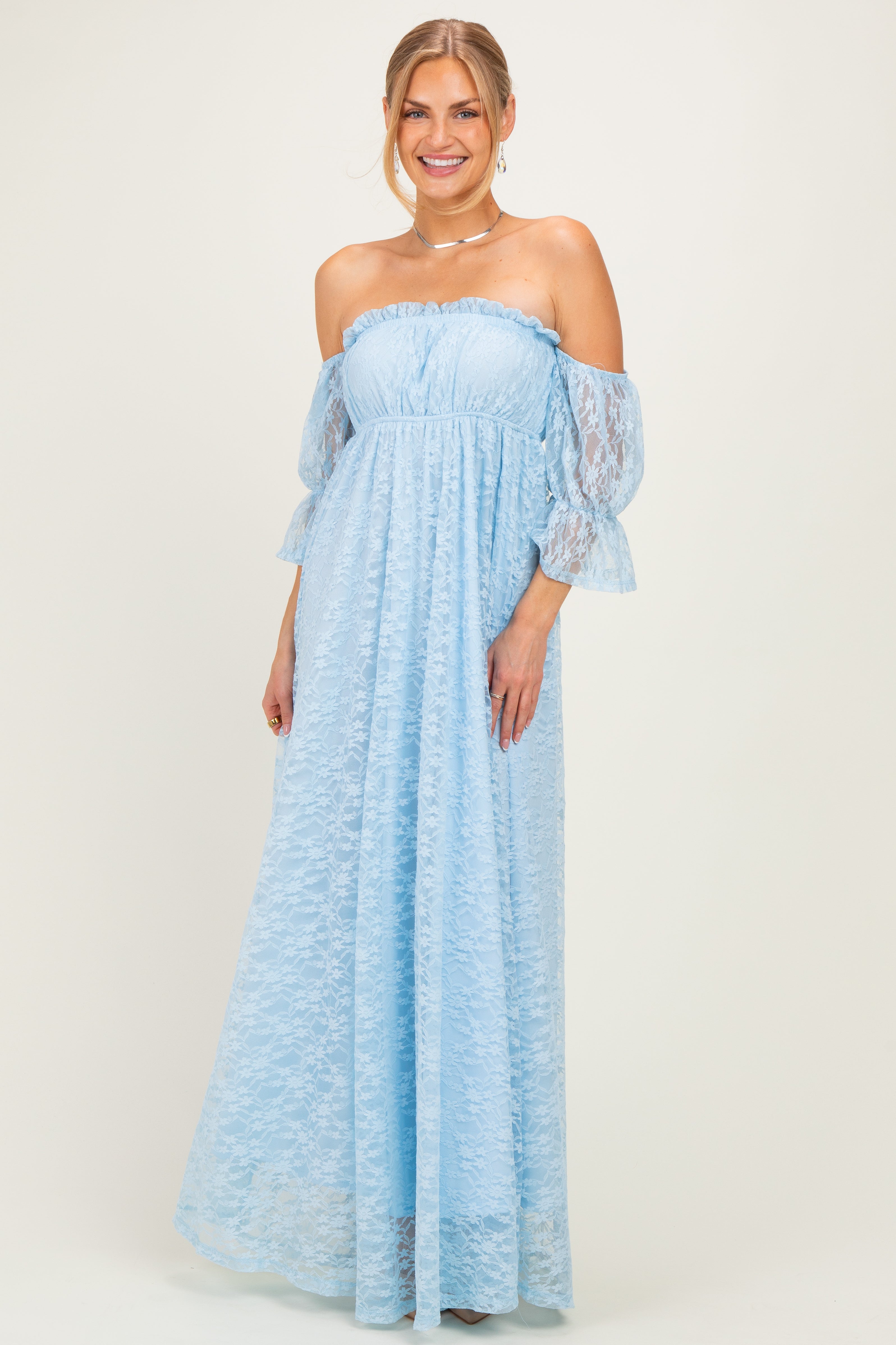 Light Blue Lace Off Shoulder Maternity Maxi Dress