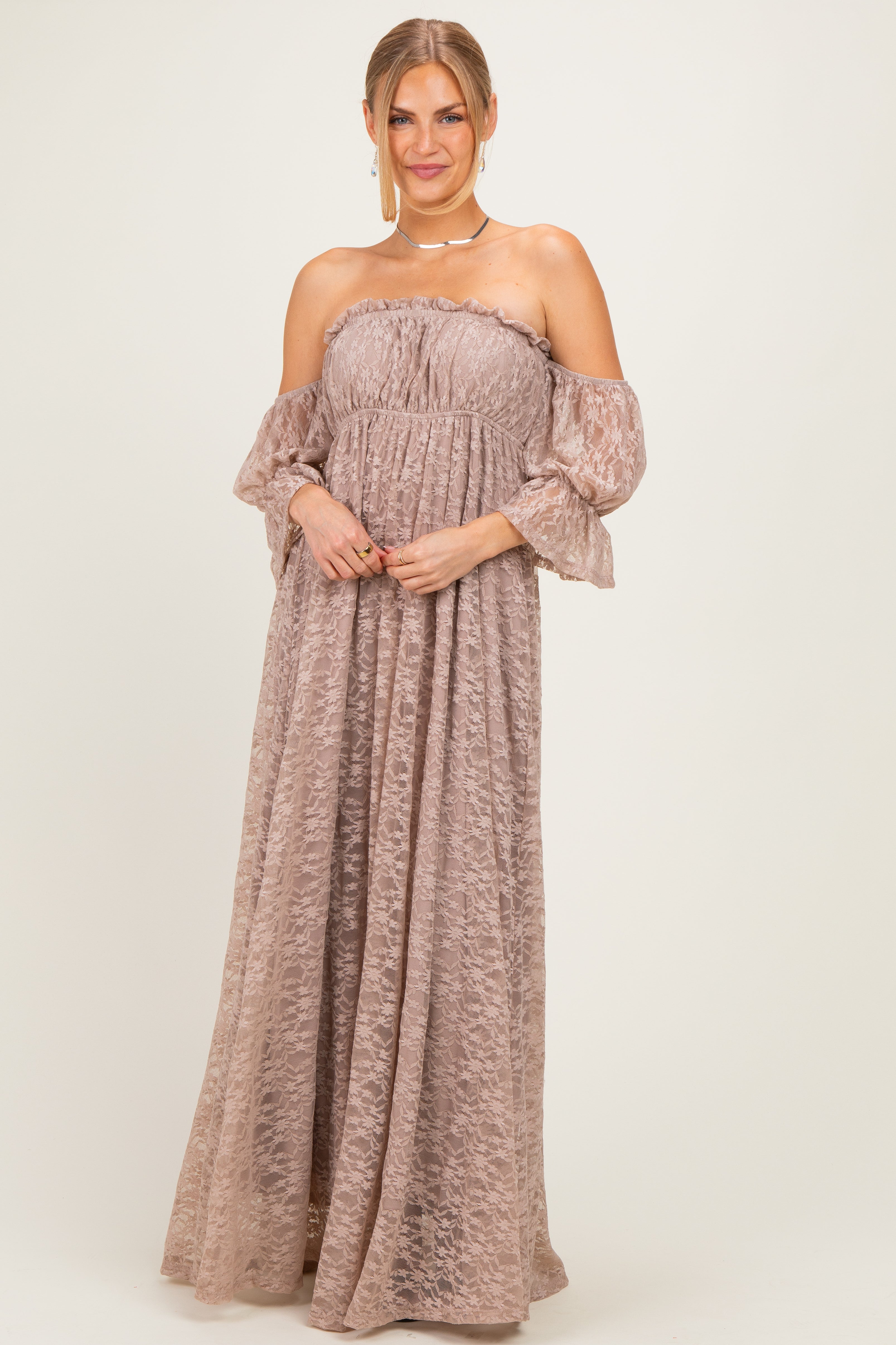 Mocha Lace Off Shoulder Maternity Maxi Dress