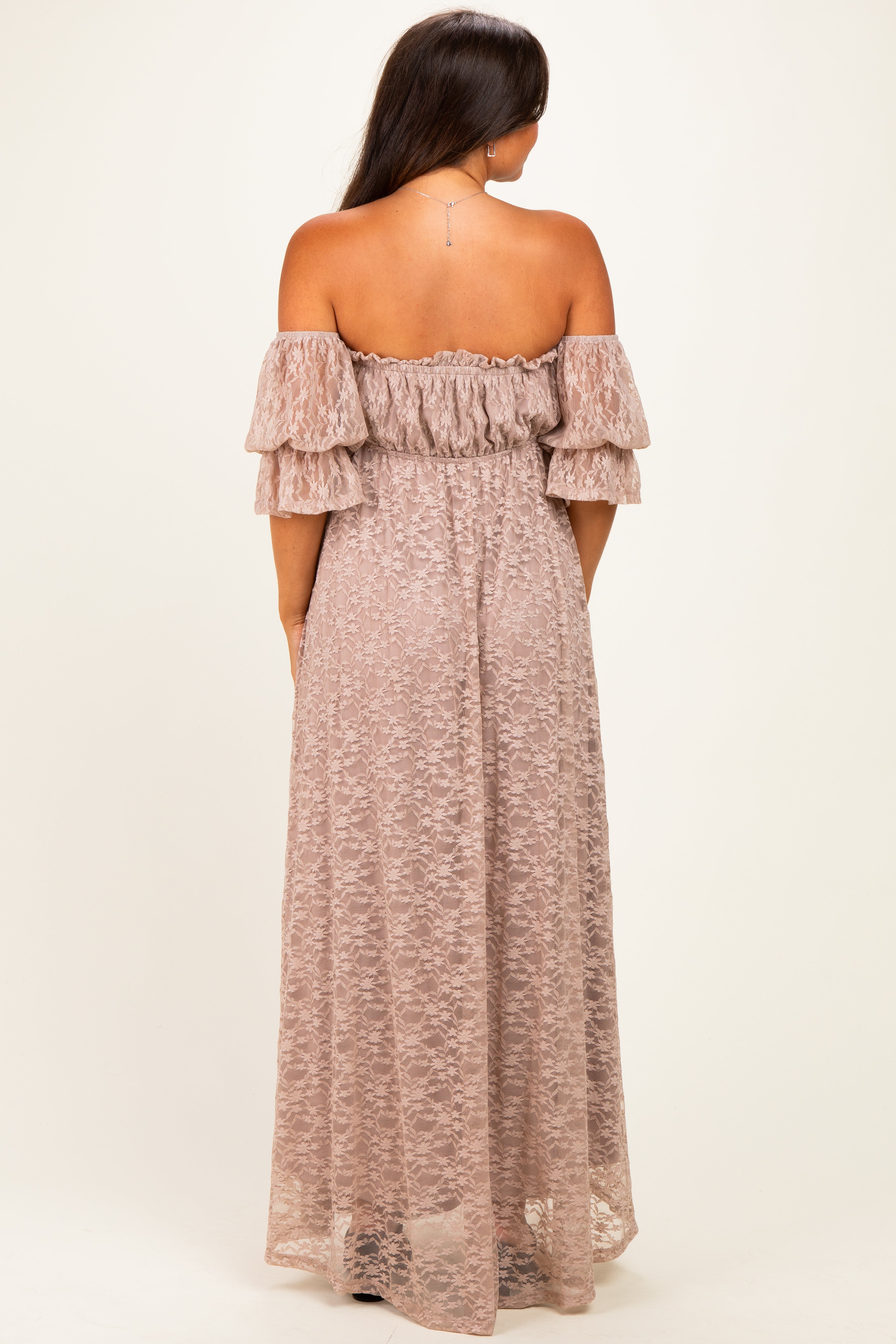 Mocha Lace Off Shoulder Maternity Maxi Dress