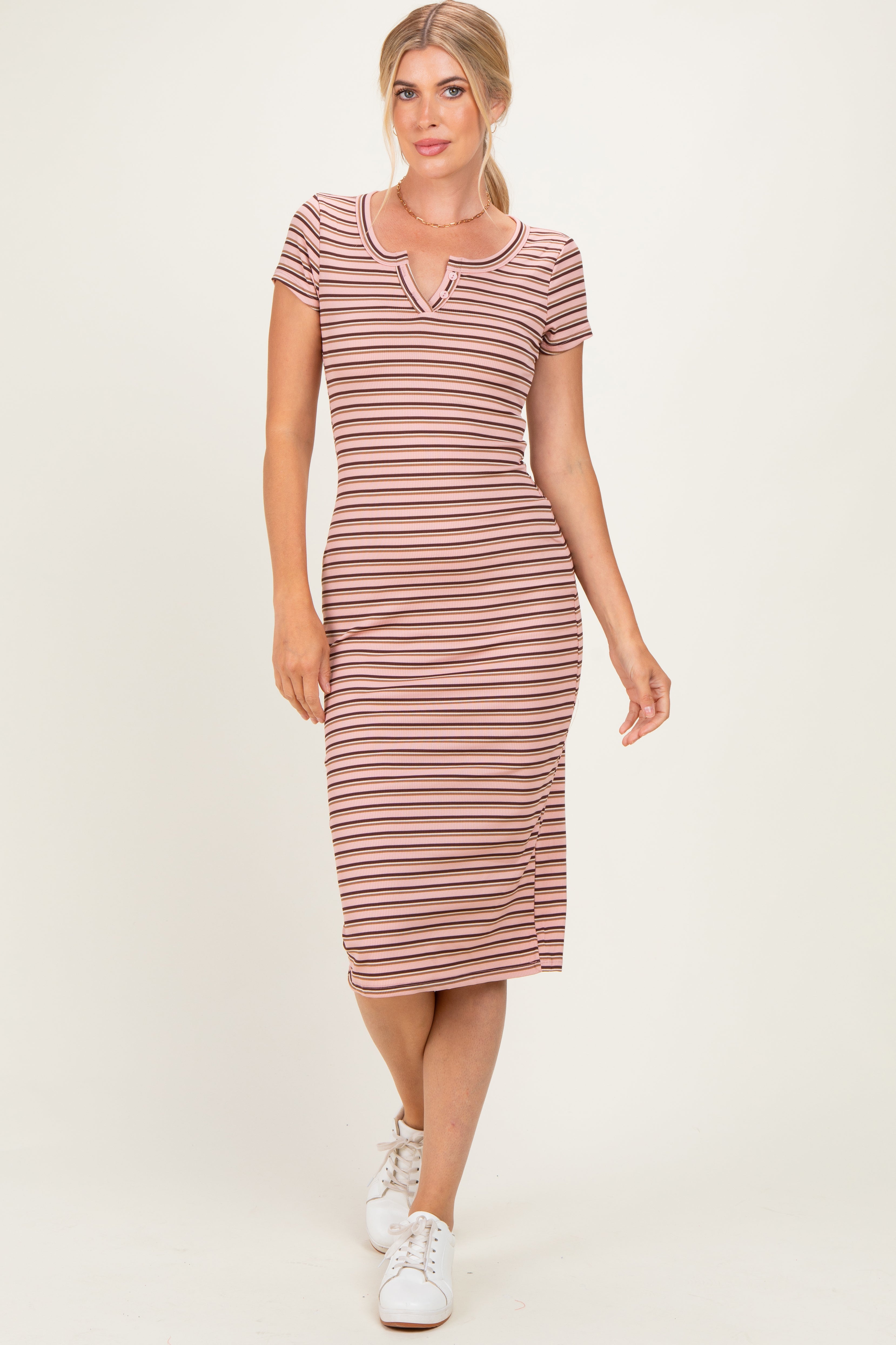 Light Pink Striped Henley Maternity Midi Dress