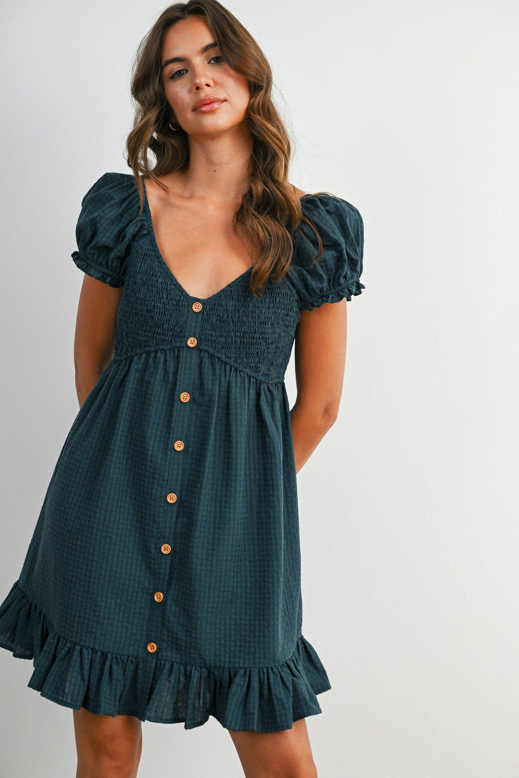 Dark Green Gingham Button Accent Maternity Mini Dress