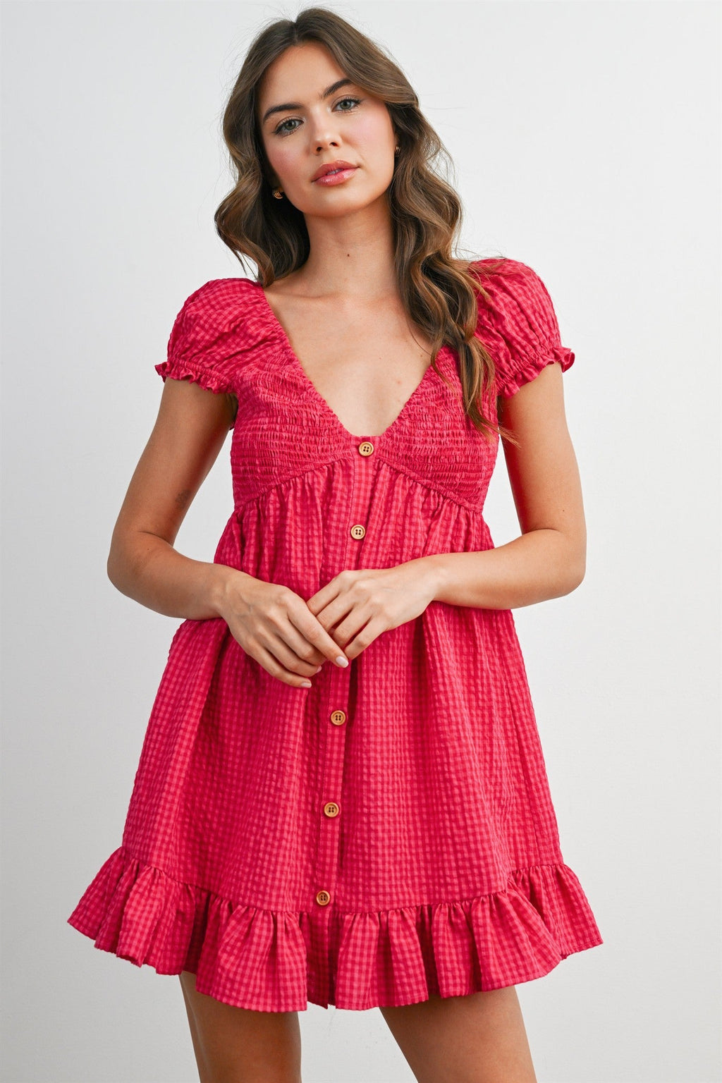 Fuchsia Gingham Button Accent Maternity Mini Dress