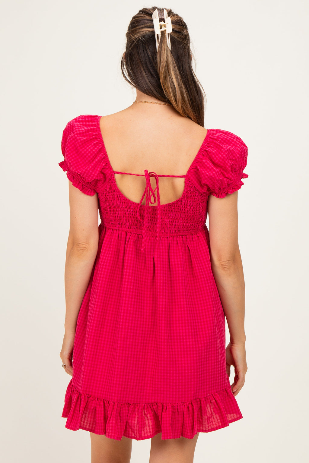 Fuchsia Gingham Button Accent Maternity Mini Dress