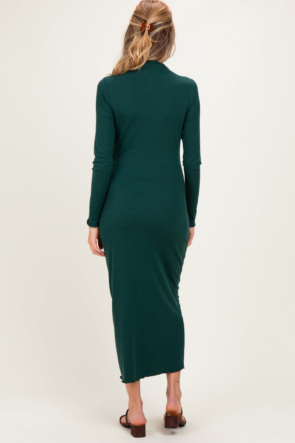 Hunter Green Ruffle Mock Neck Long Sleeve Maternity Midi Dress