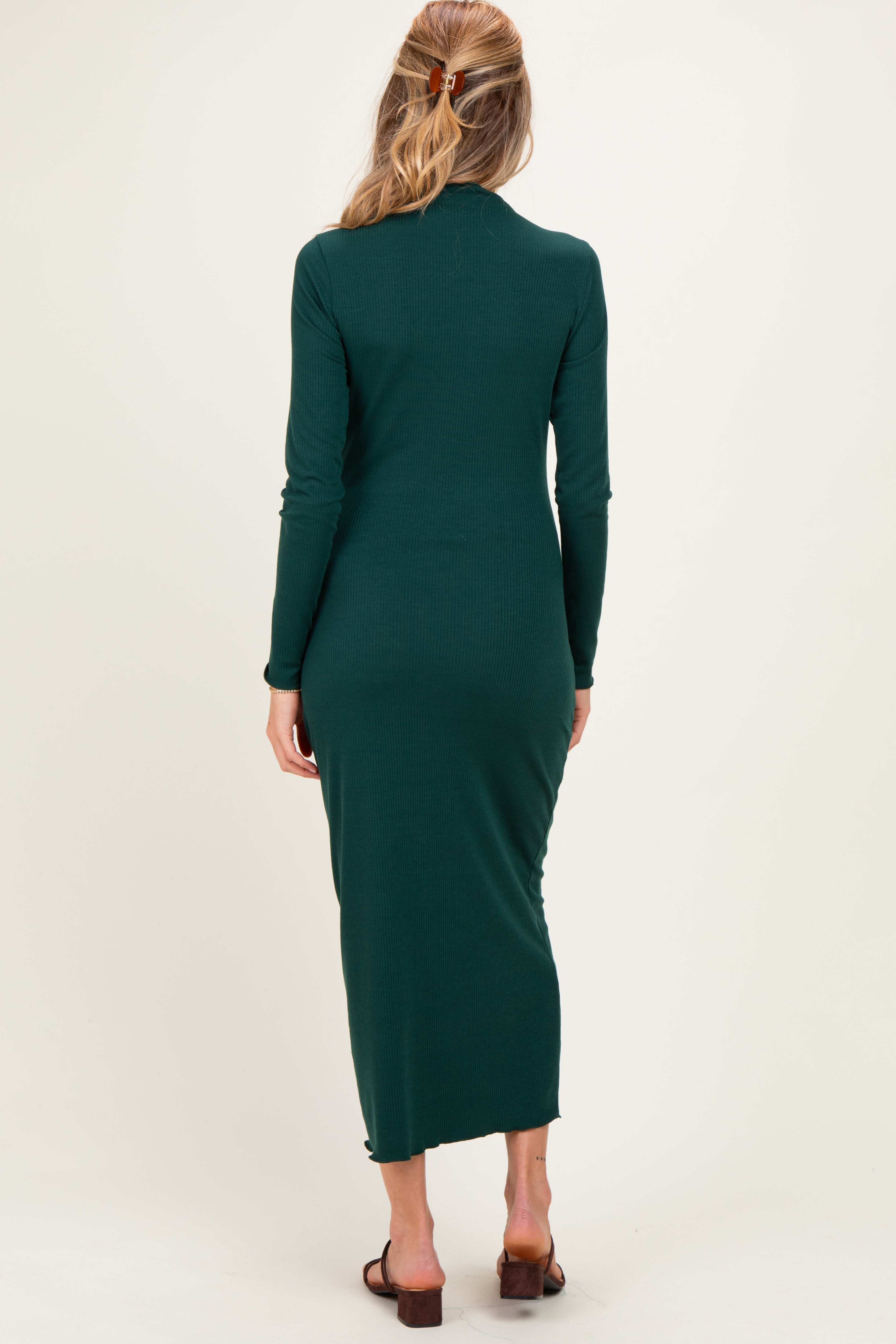 Hunter Green Ruffle Mock Neck Long Sleeve Maternity Midi Dress