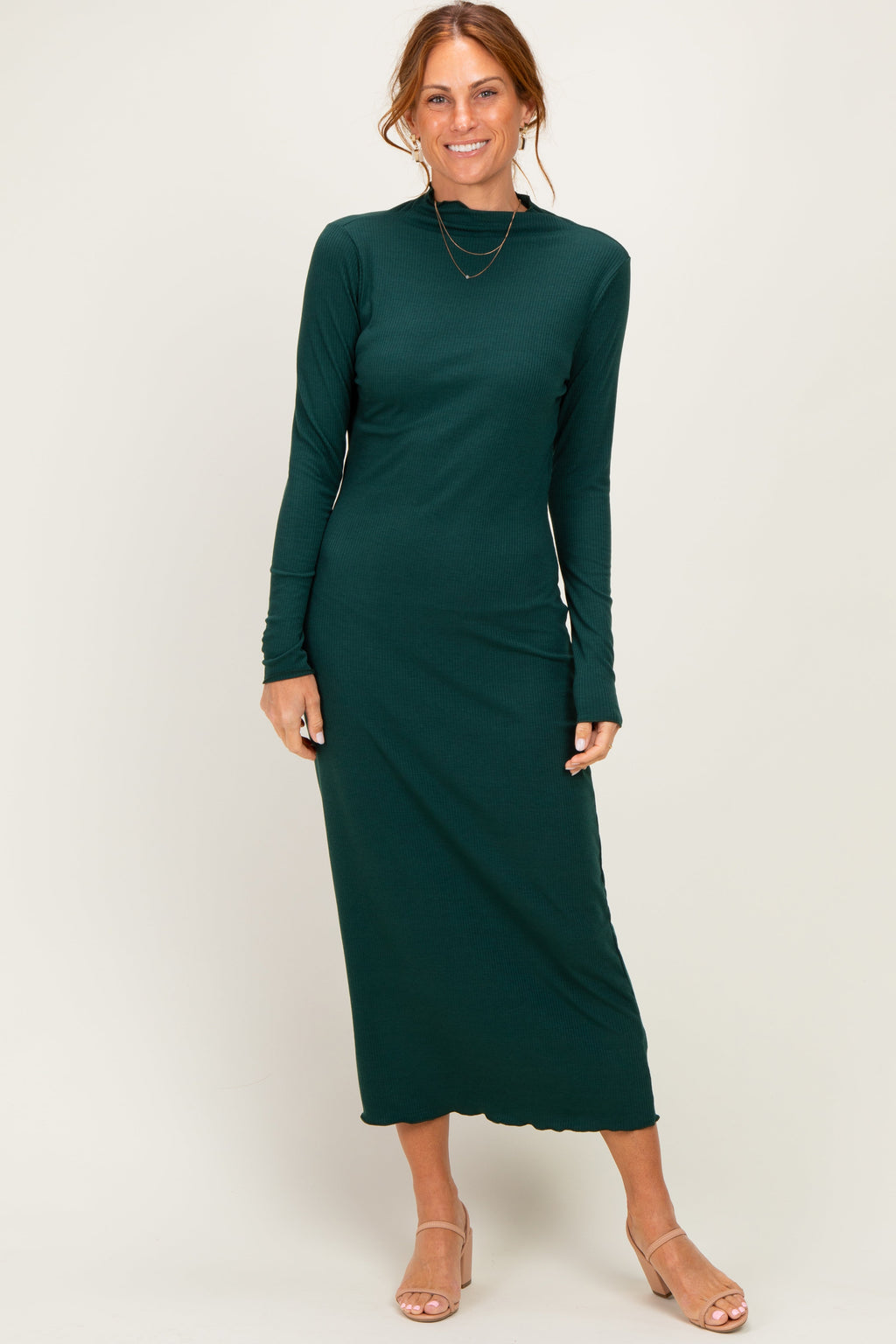 Hunter Green Ruffle Mock Neck Long Sleeve Maternity Midi Dress