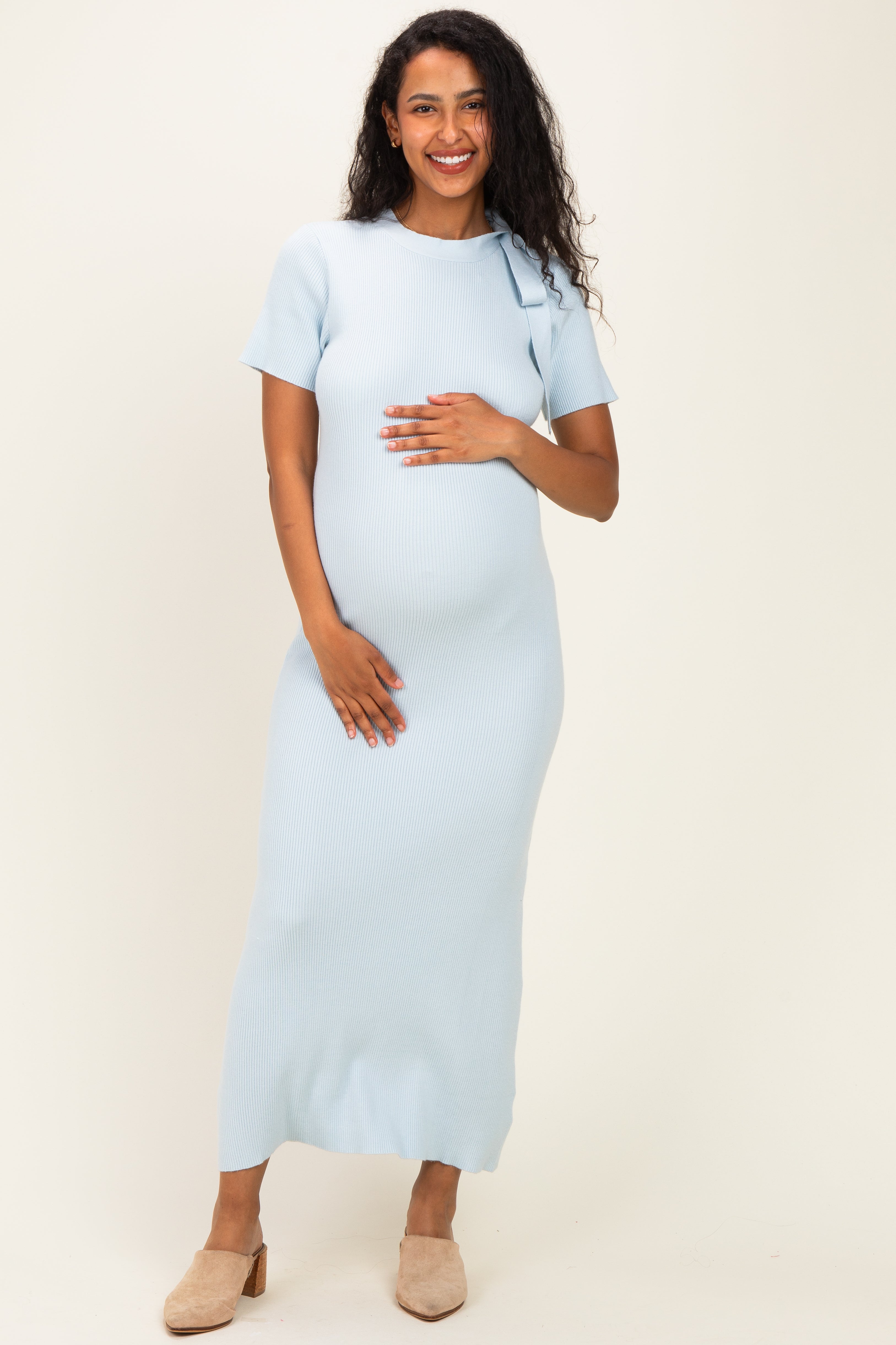 Sky Tie Neck Short Sleeve Knit Maternity Dress