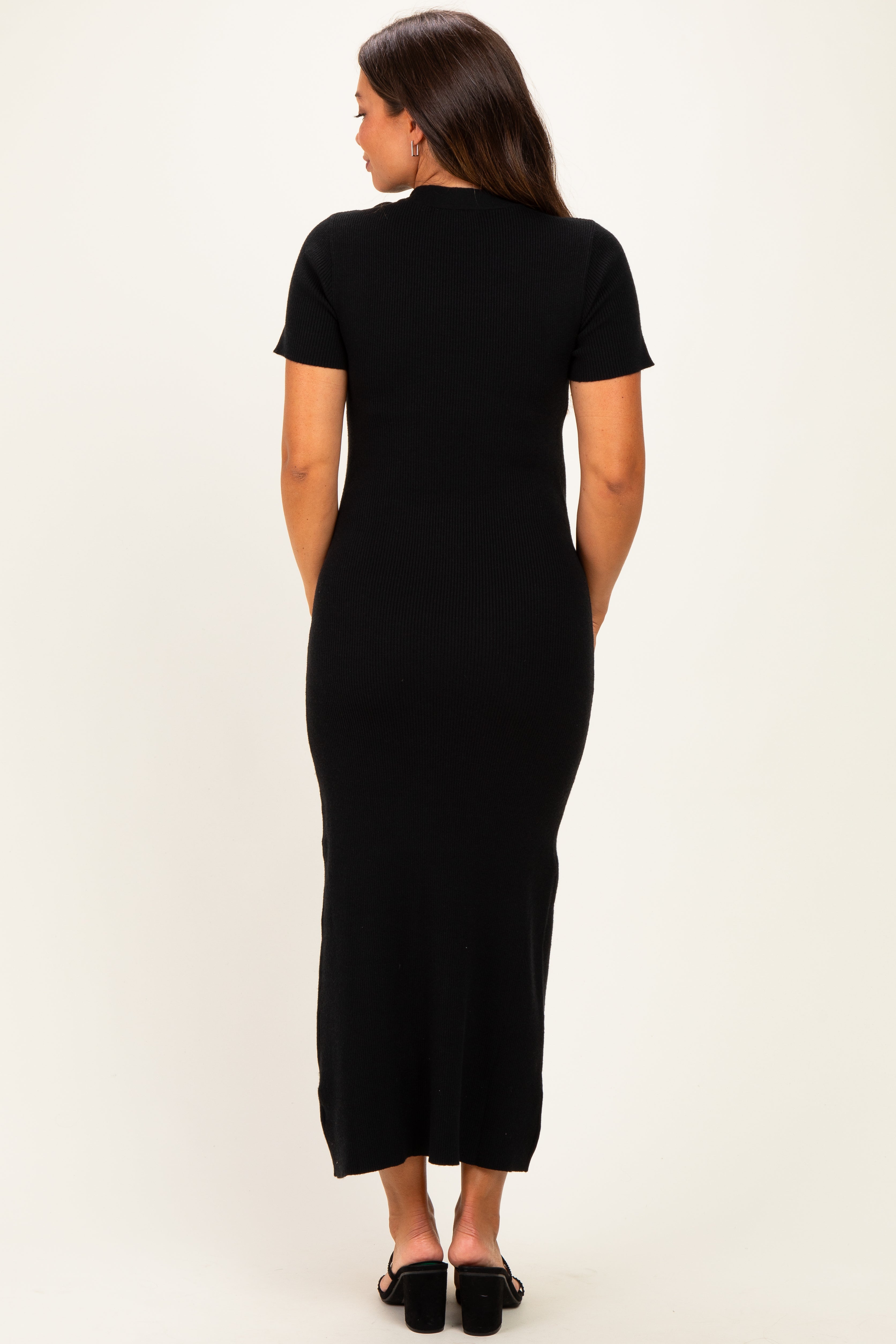 Black Tie Neck Short Sleeve Knit Maternity Dress