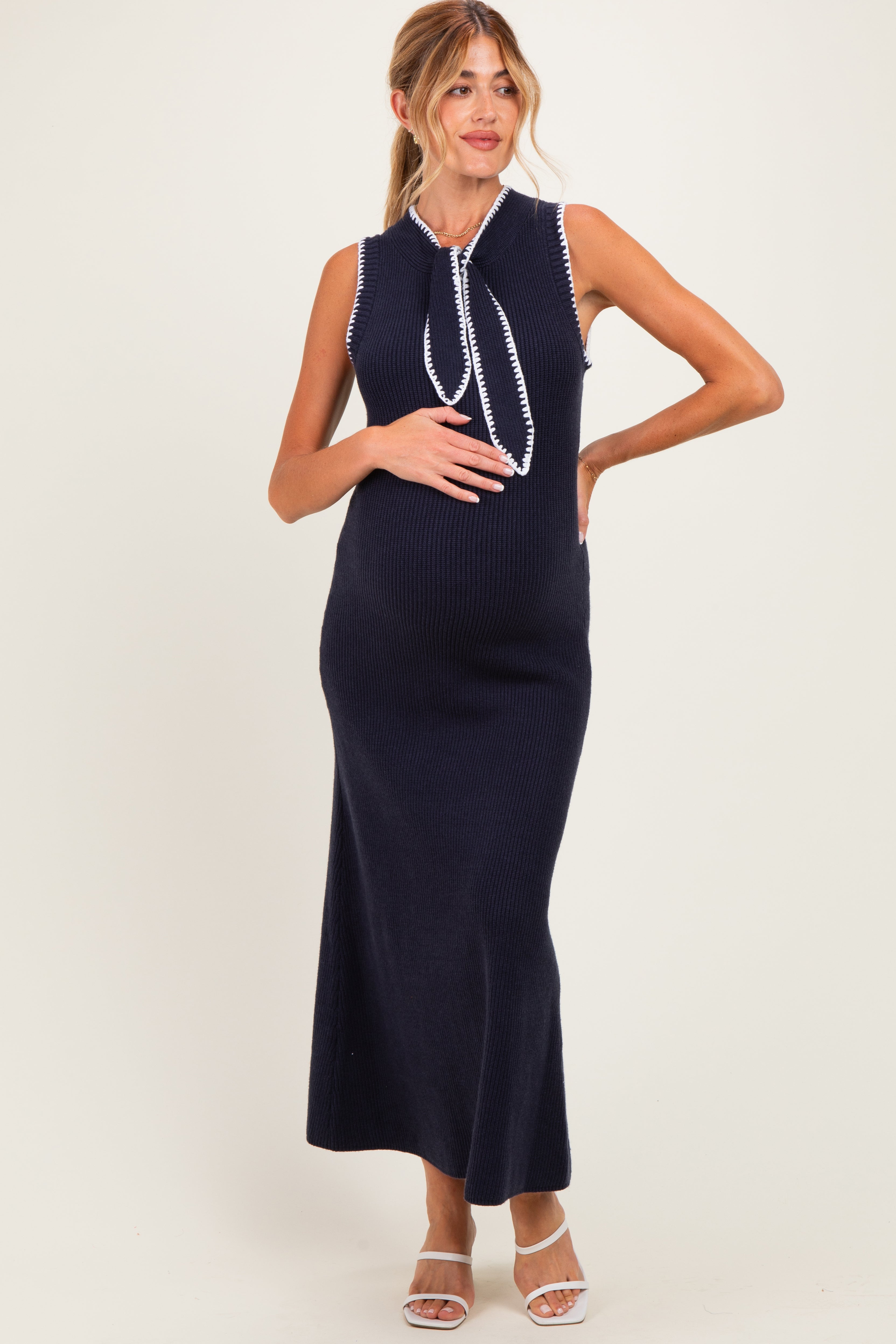 Navy Bow Knit Maternity Maxi Dress