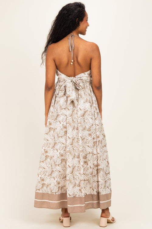 Beige Printed Cutout Tie Back Maternity Maxi Dress
