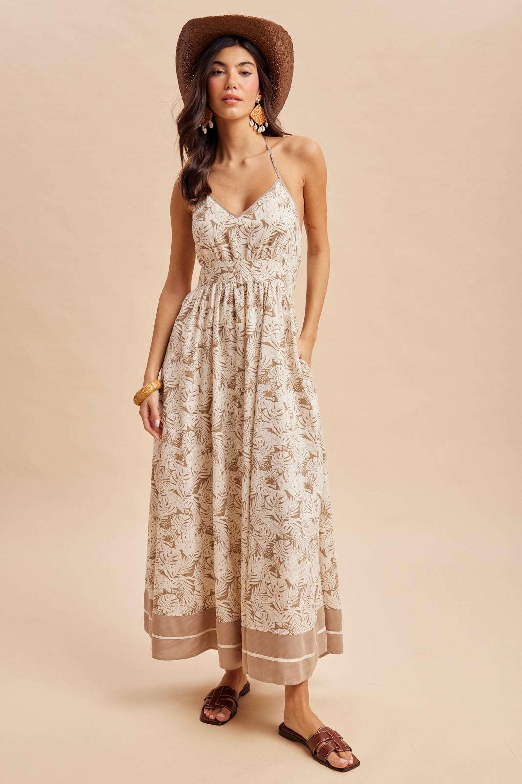 Beige Printed Cutout Tie Back Maternity Maxi Dress