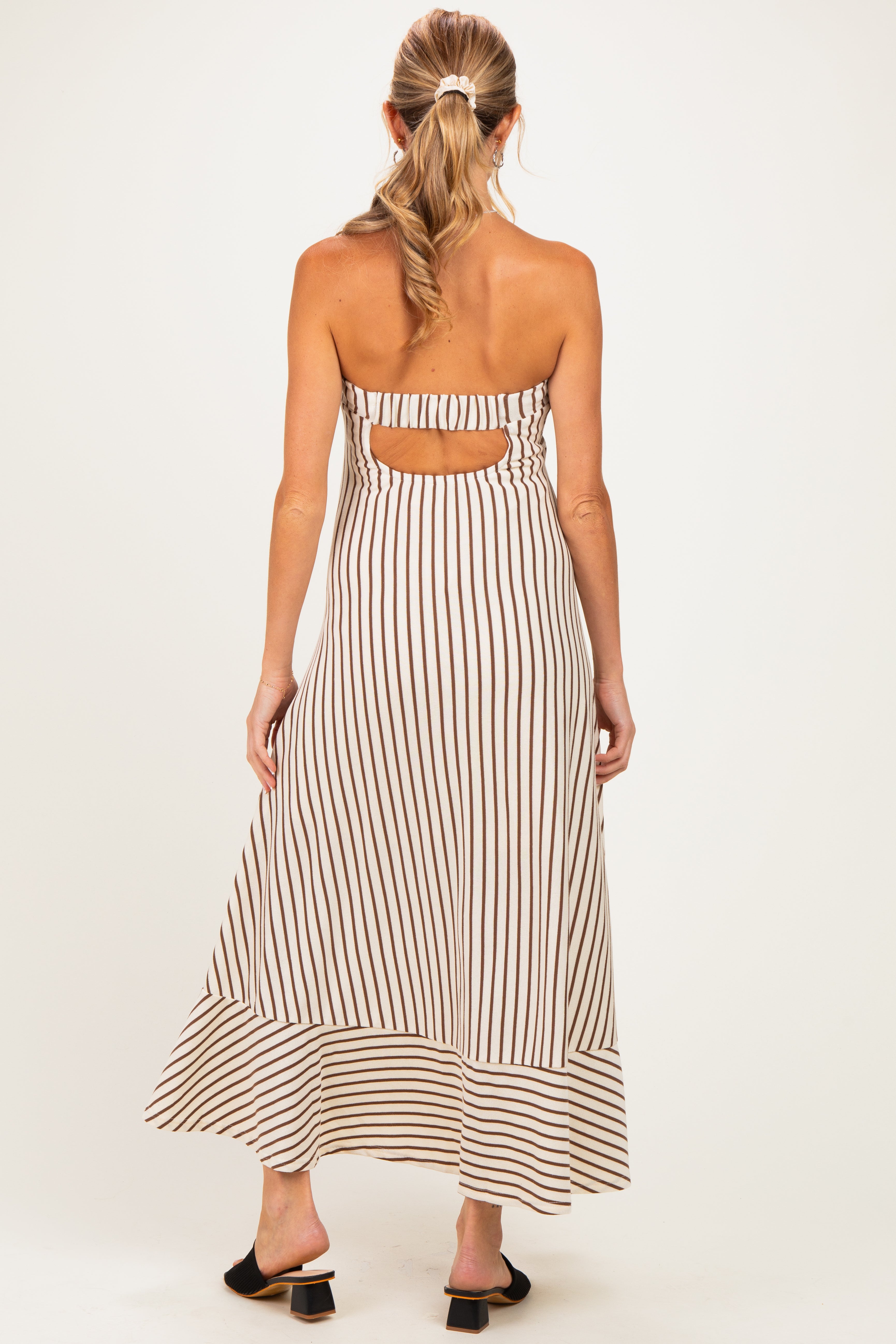 Cream Brown Striped Strapless A-Line Maternity Maxi Dress