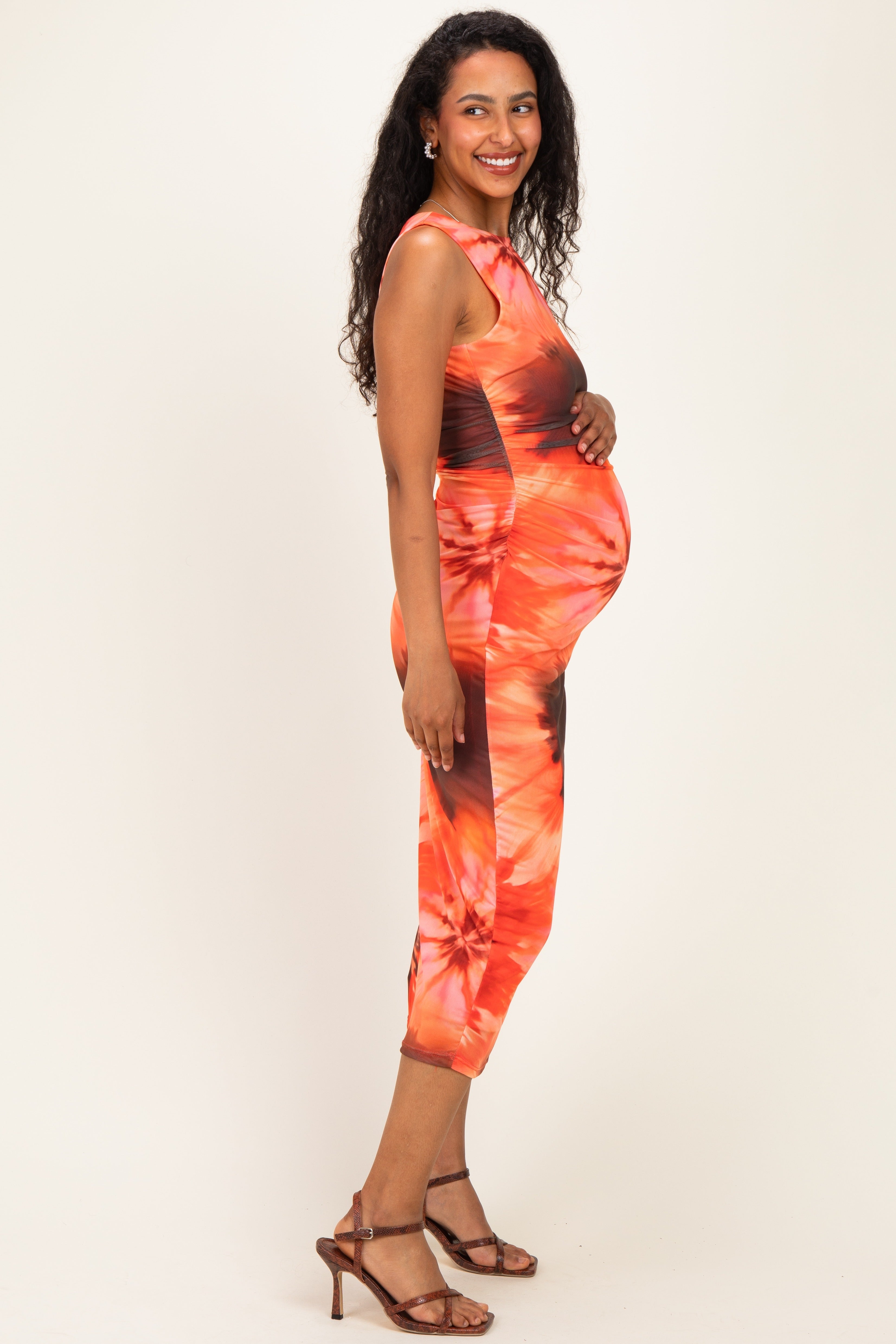 Coral Multi Tie Dye Mesh Maternity Maxi Dress With Side Ruching