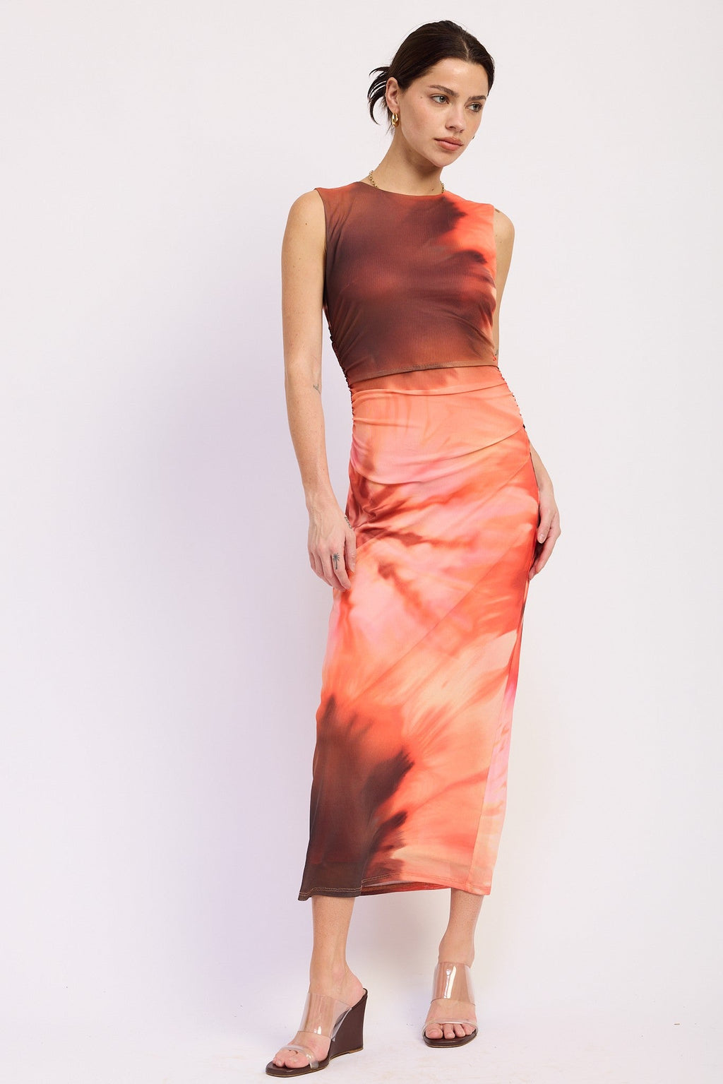 Coral Multi Tie Dye Mesh Maternity Maxi Dress With Side Ruching