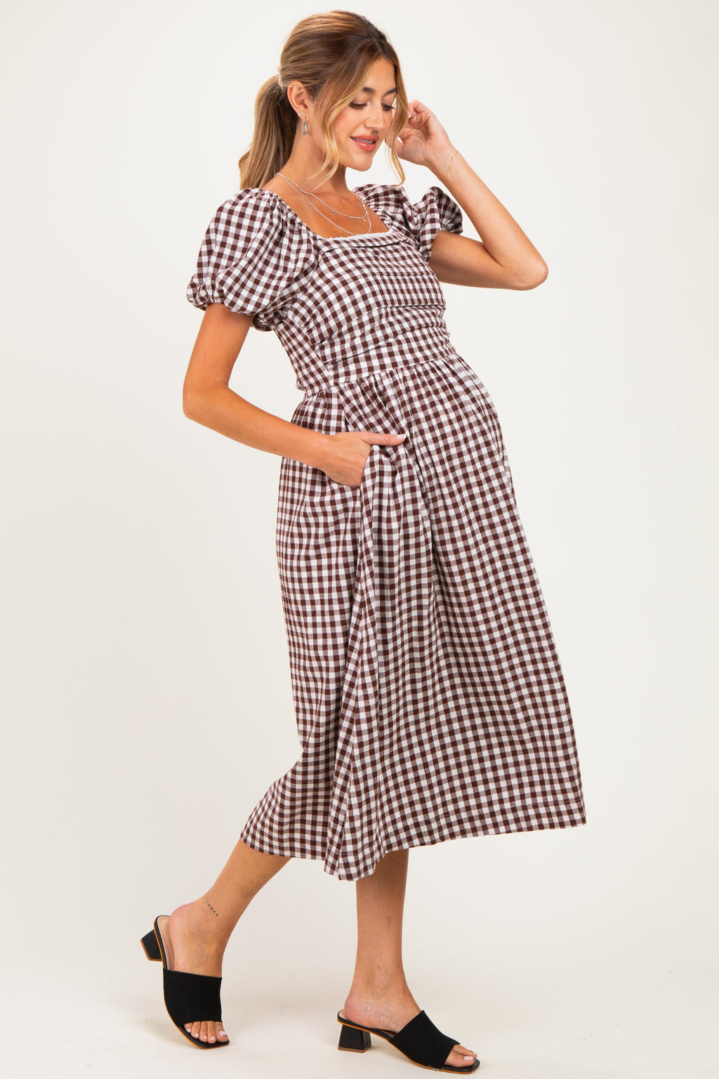 Brown Gingham Lace Trim Puff Sleeve Maternity Midi Dress