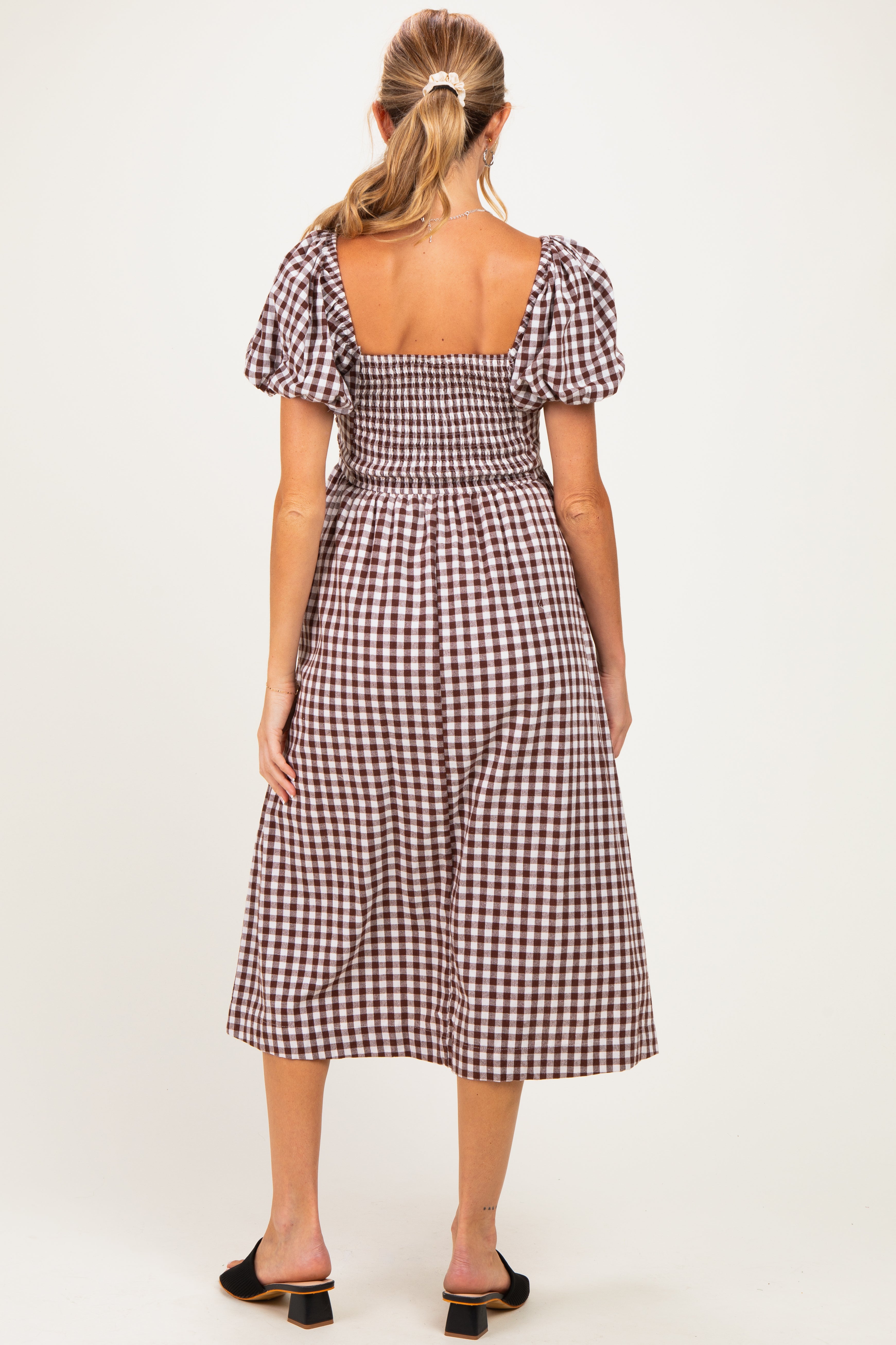 Brown Gingham Lace Trim Puff Sleeve Maternity Midi Dress