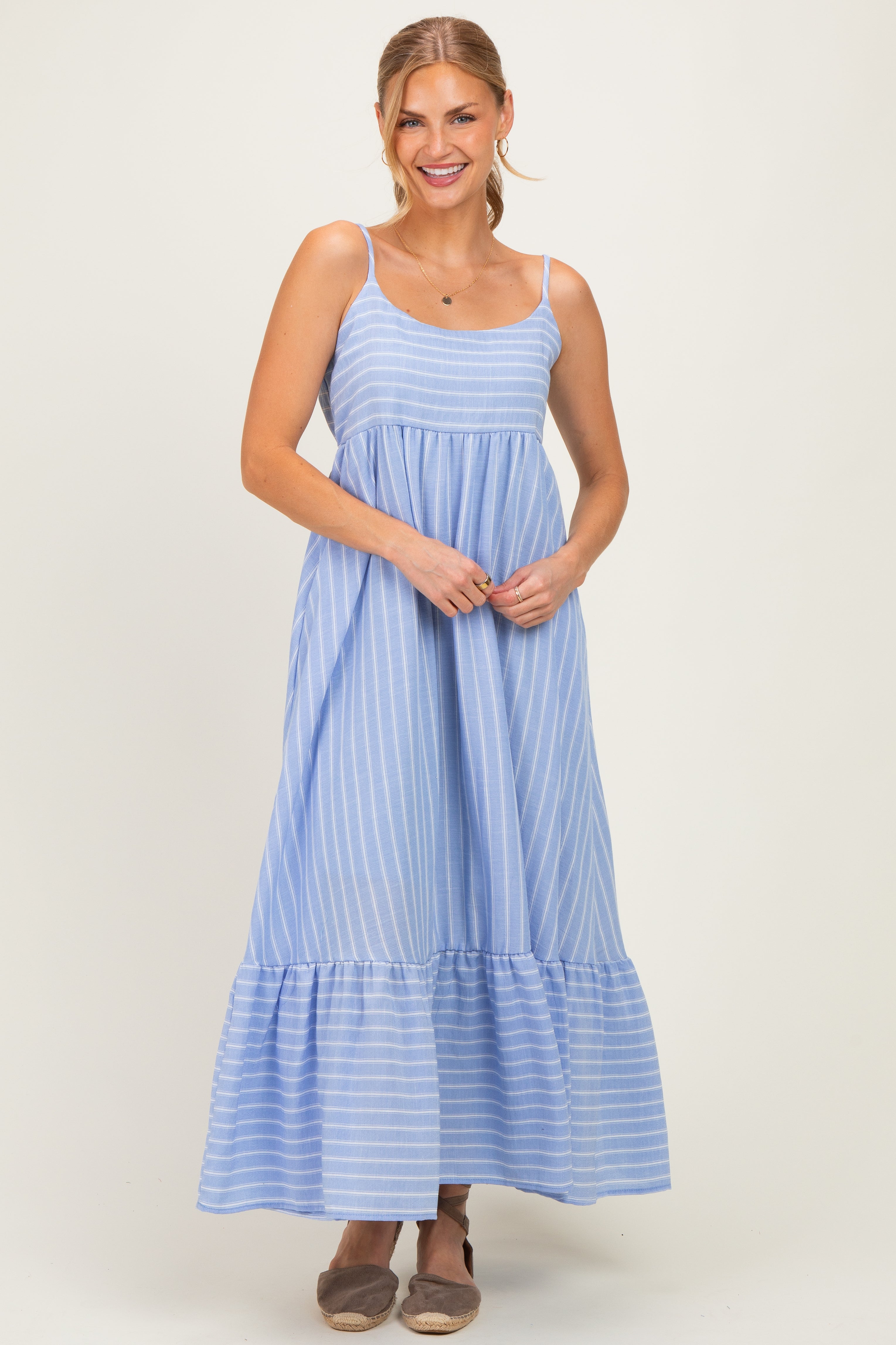 Blue/ Off White Striped Sleeveless Ruffle Hem Maternity Maxi Dress