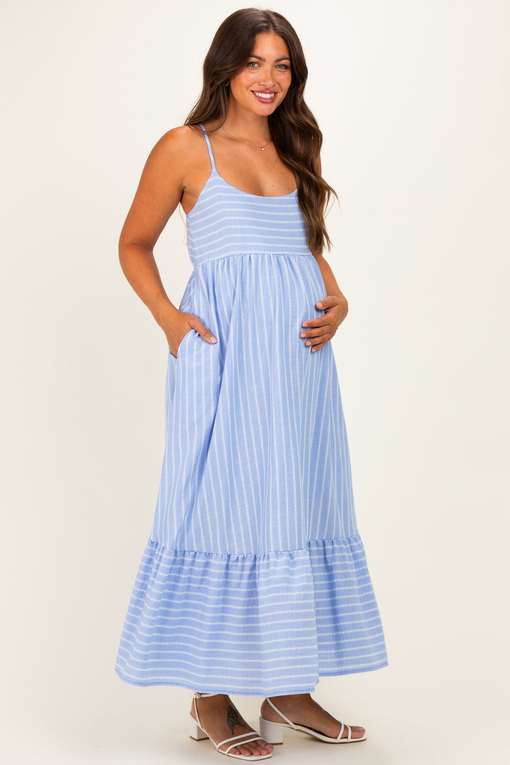 Blue/ Off White Striped Sleeveless Ruffle Hem Maternity Maxi Dress