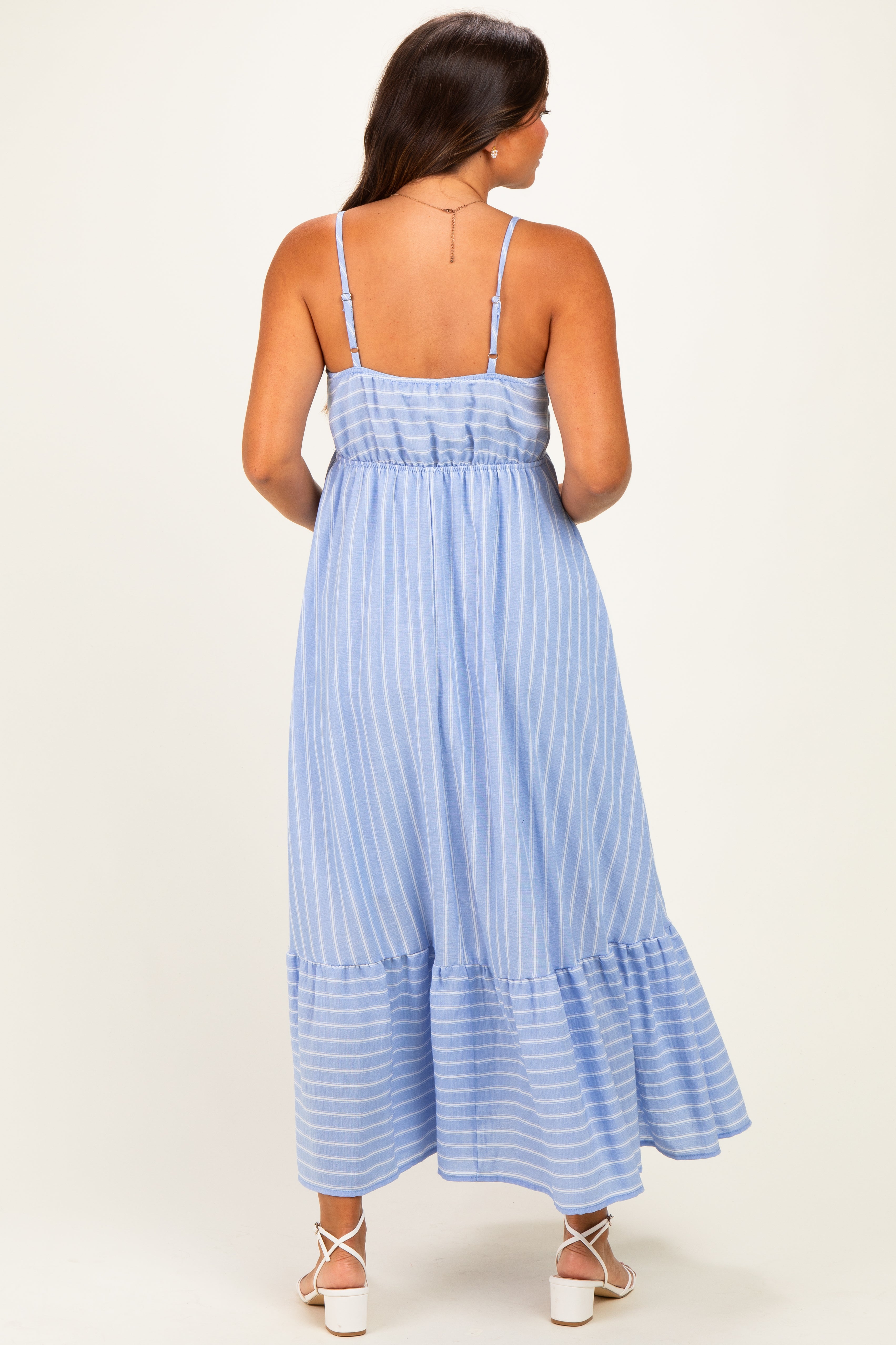 Blue/ Off White Striped Sleeveless Ruffle Hem Maternity Maxi Dress