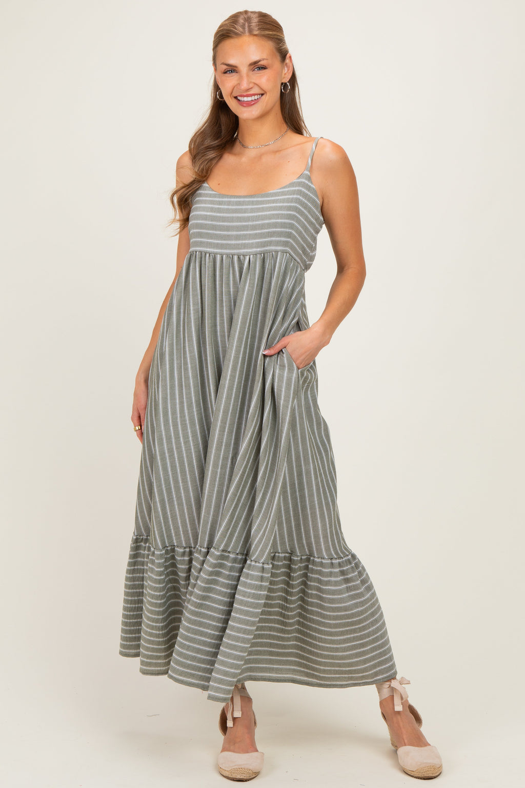 Olive/ Off White Striped Sleeveless Ruffle Hem Maternity Maxi Dress
