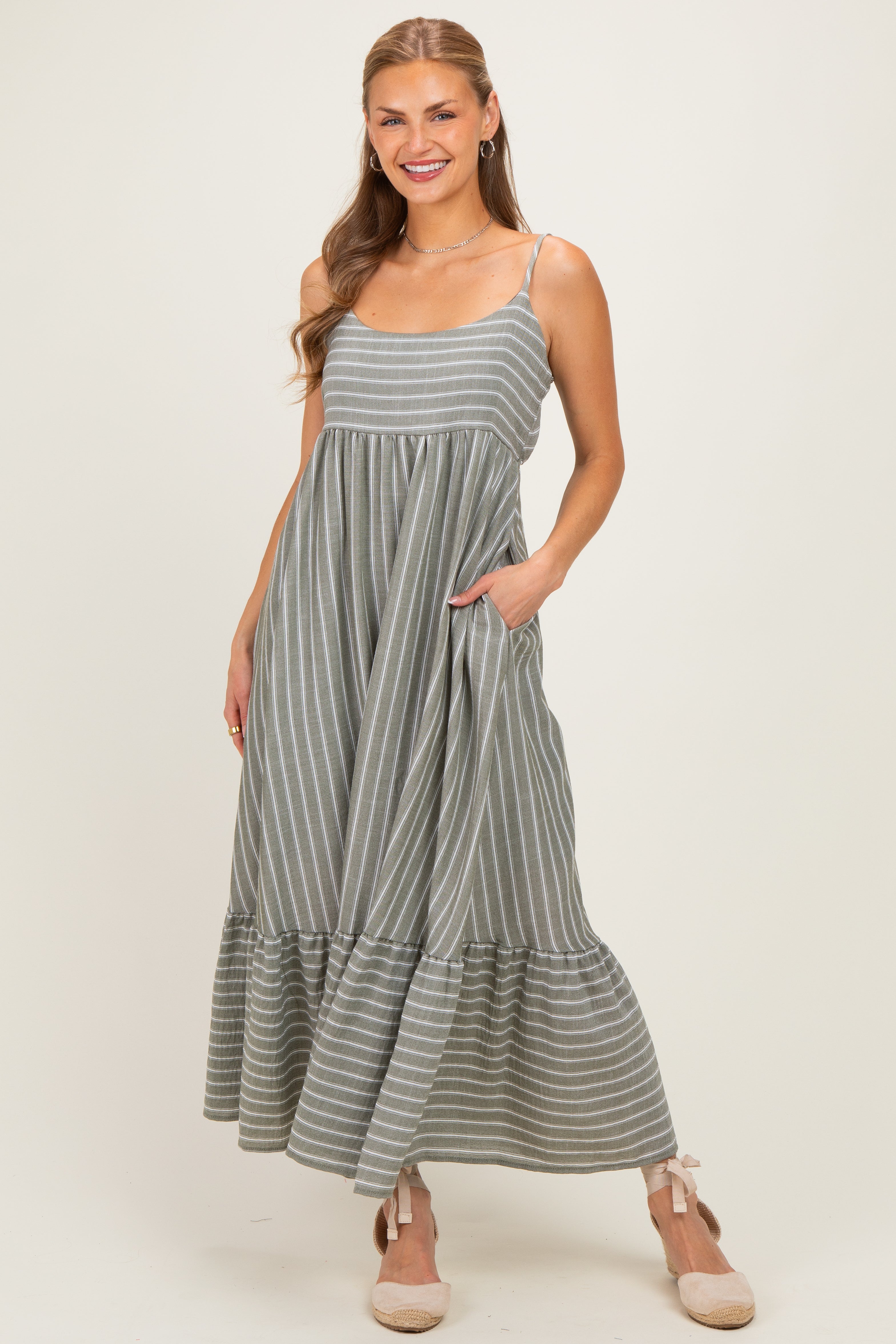 Olive/ Off White Striped Sleeveless Ruffle Hem Maternity Maxi Dress