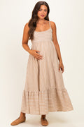 Taupe/ Off White Striped Sleeveless Ruffle Hem Maternity Maxi Dress